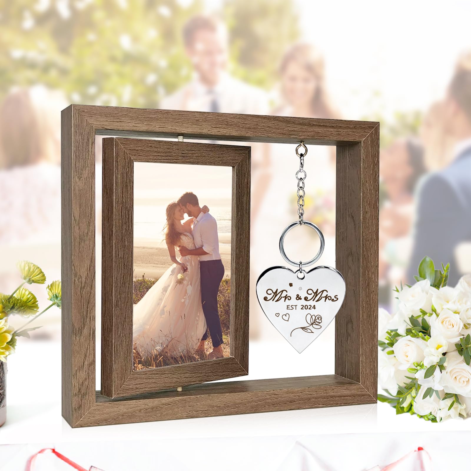 Wedding Gifts for Couples 2024,Rotating Floating Mr and Mrs Picture Frame,4x6 Rustic Picture Frame Engagement Gifts for Couples,Bridal Shower Gifts for Bride to Be