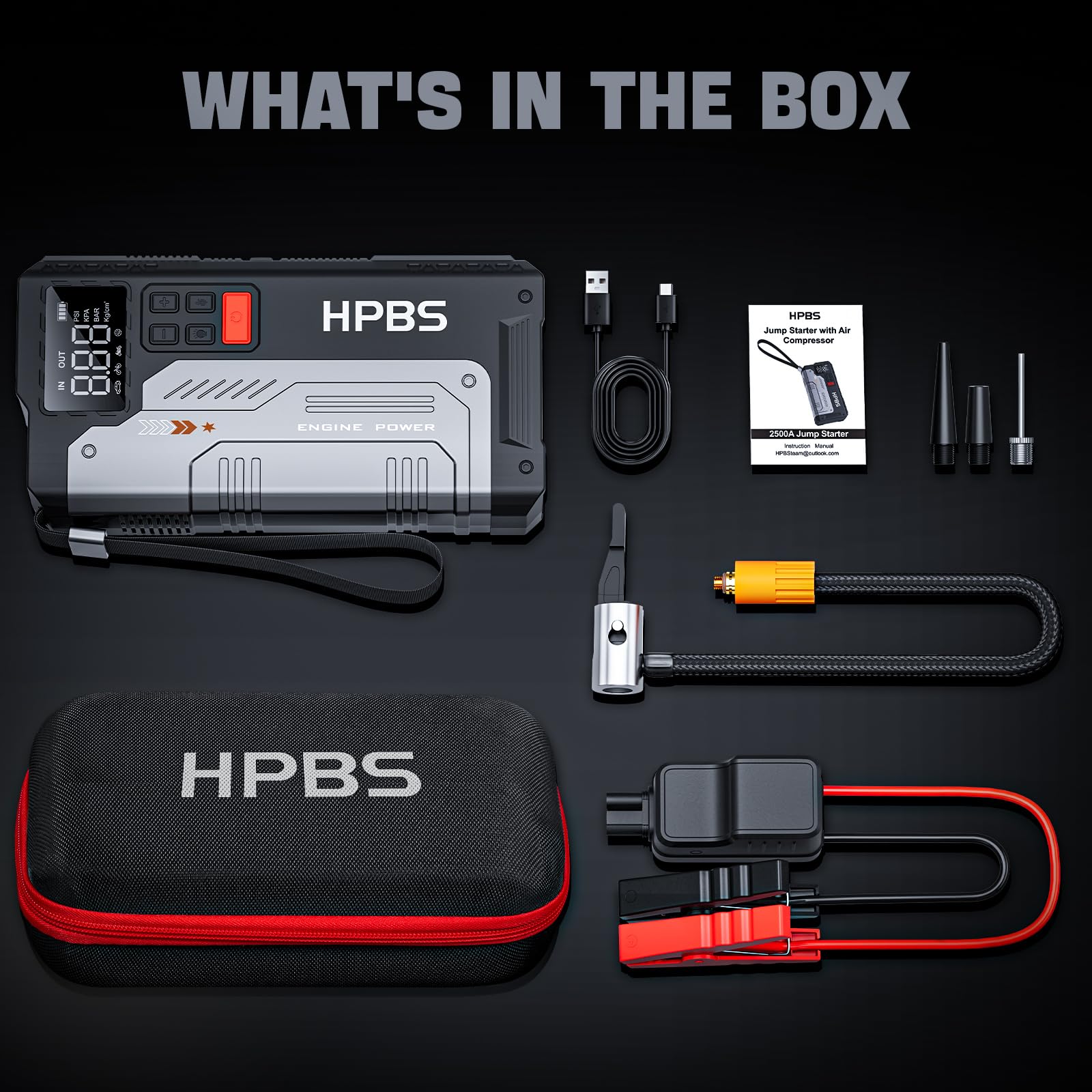 HPBS Jump Starter with Air Compressor - 2500A Portable Car Jump Starter with 150 PSI Tire Inflator for Up to 8.0L Gas and 6.5L Diesel Engines, 12V Jump Starter Box with LCD Display