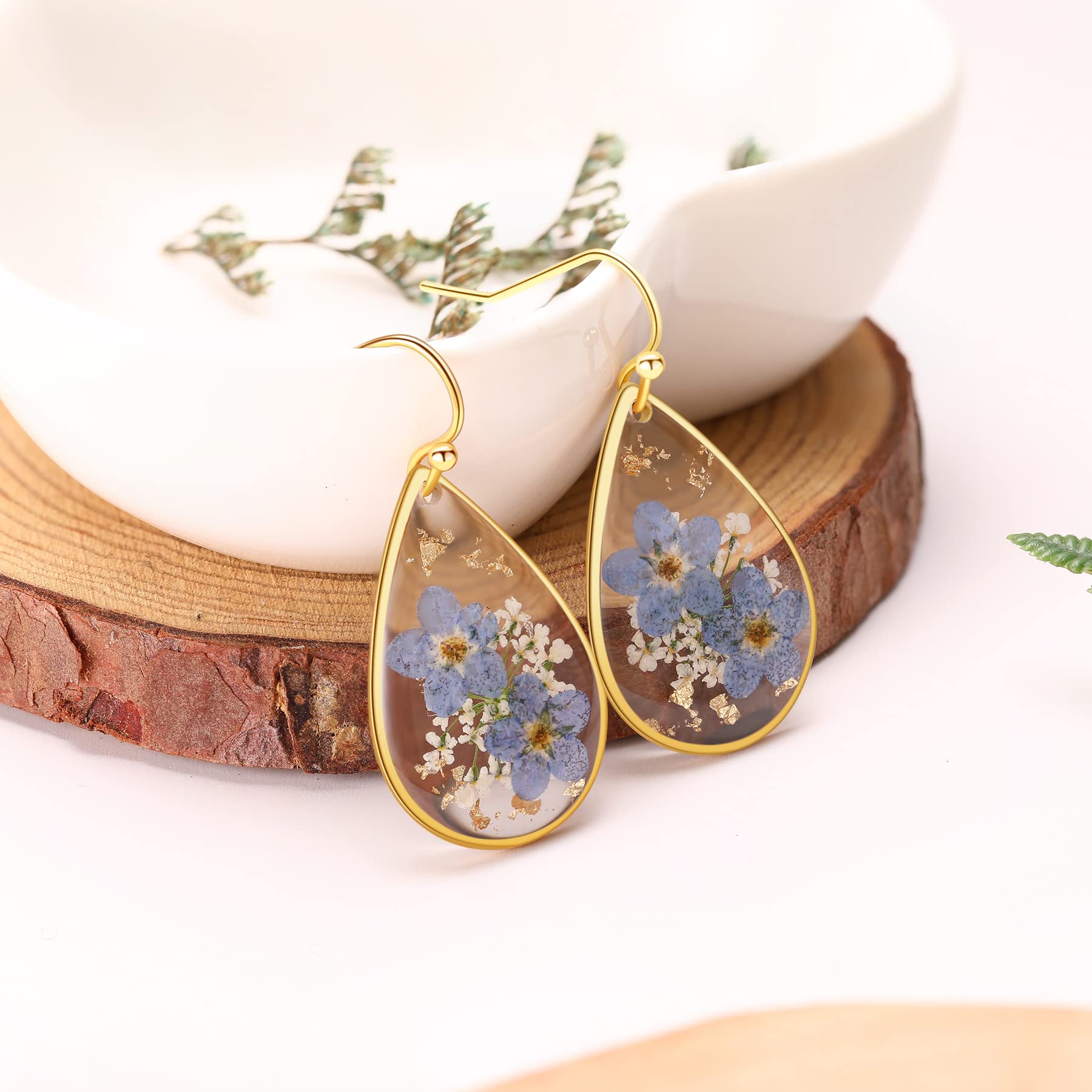 Forget-Me-Not and Queen Anne's Lace Pressed Wildflower Earrings | Drop Dangle Earring For Women Girls | Pressed Flower Teardrop Earrings Dry Flowers | Personalized Handmade Earrings | Gift for Woman