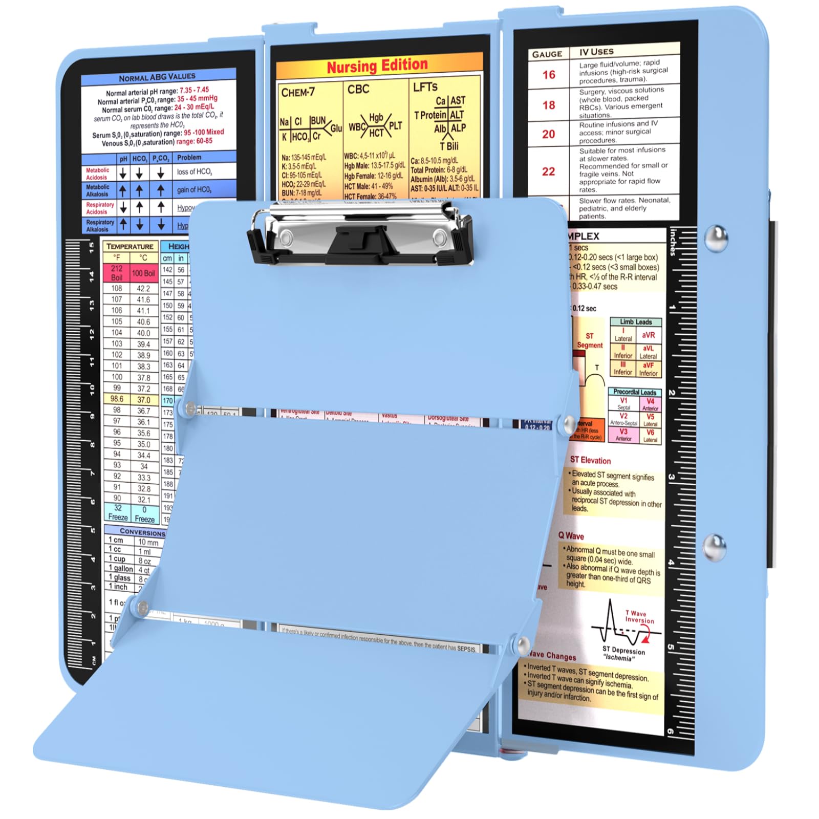 Nursing Clipboard Foldable, Foldable Clipboard w/Nursing Edition Cheat Charts,3 Layers Aluminum, Nurse Clipboard w/Low Profile Clip&Pen Clip Pocket Clipboard for Nurses and Doctors,Light Blue