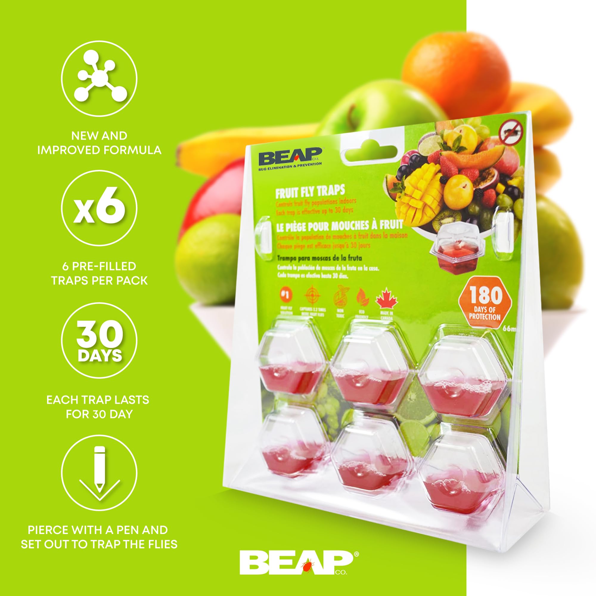 BEAPCO Premium Fly 6 traps + 180 days supply | New and Improved formula | Easy to use | Food-Based | Lure, bait, catcher, fruit flies, 6-Pack, Red