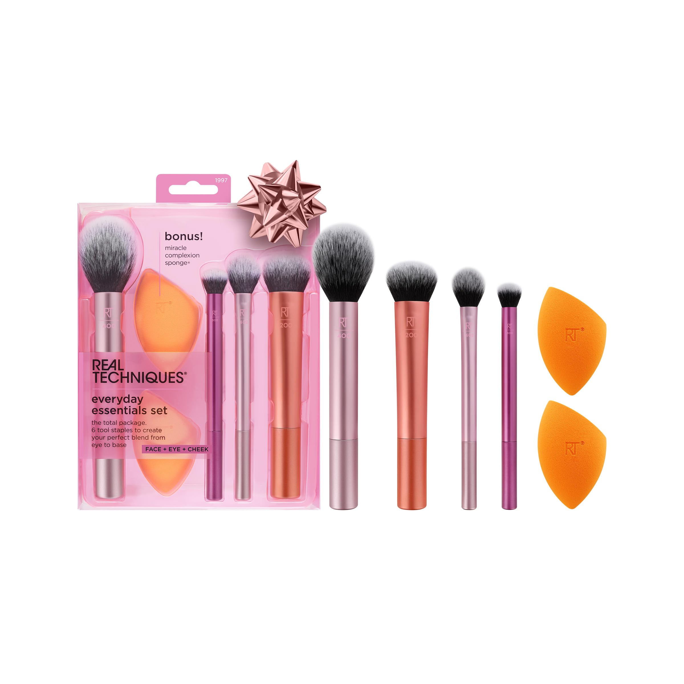 Real Techniques 6 Piece Everyday Essentials Makeup Brush Set, 4 Brushes & 2 Makeup Sponges, For Foundation, Blush, Contour, Eyeshadow, & Powder, Travel Gift Set, Stocking Stuffer, Cruelty-Free