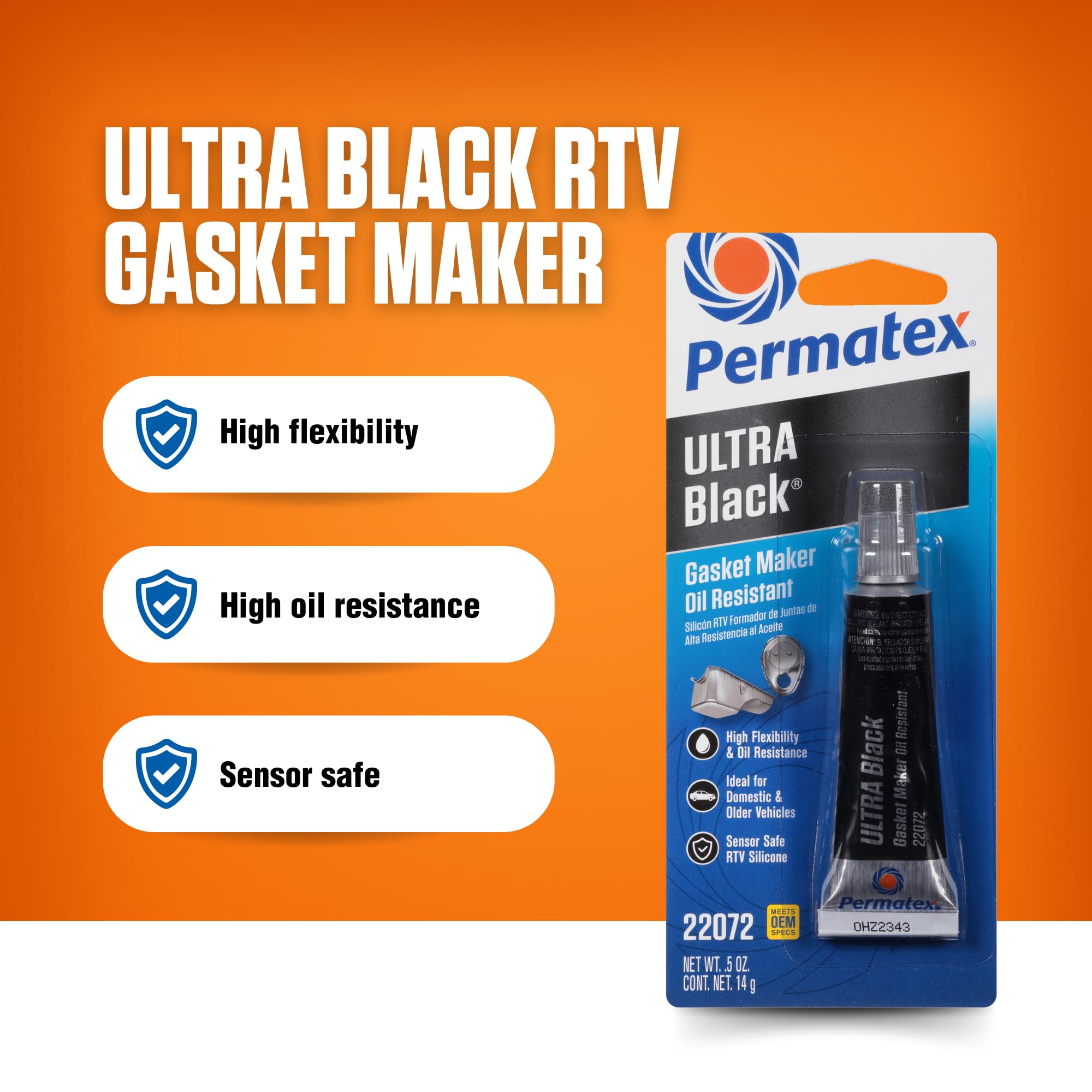 Permatex 22072 Ultra Black Maximum Oil Resistance RTV Silicone Gasket Maker, Sensor Safe And Non-Corrosive, For High Flex And Oil Resistant Applications 0.5 oz