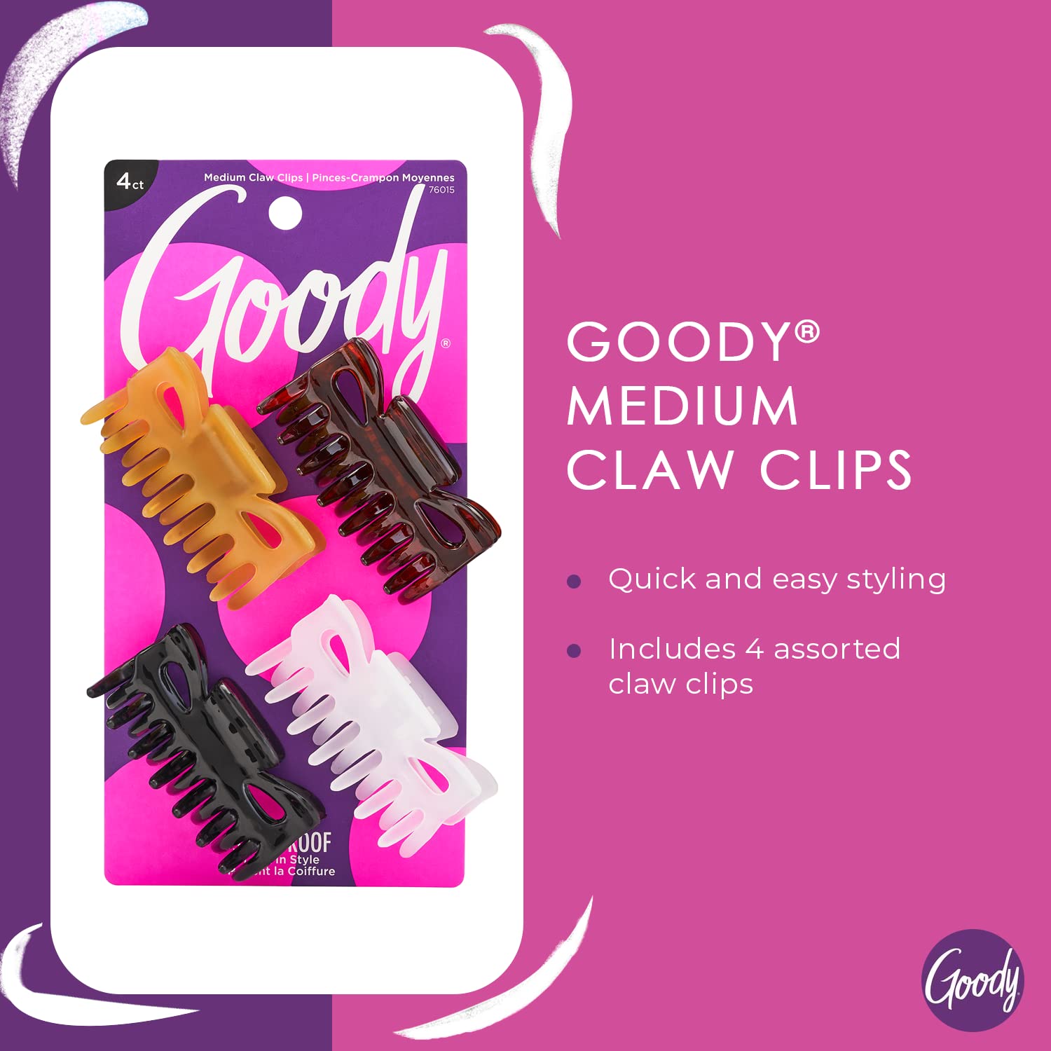 Goody Hair Classics Women's Medium Claw Hair Clip, Assorted Colors 4 ea, 4 Count (Pack of 1)