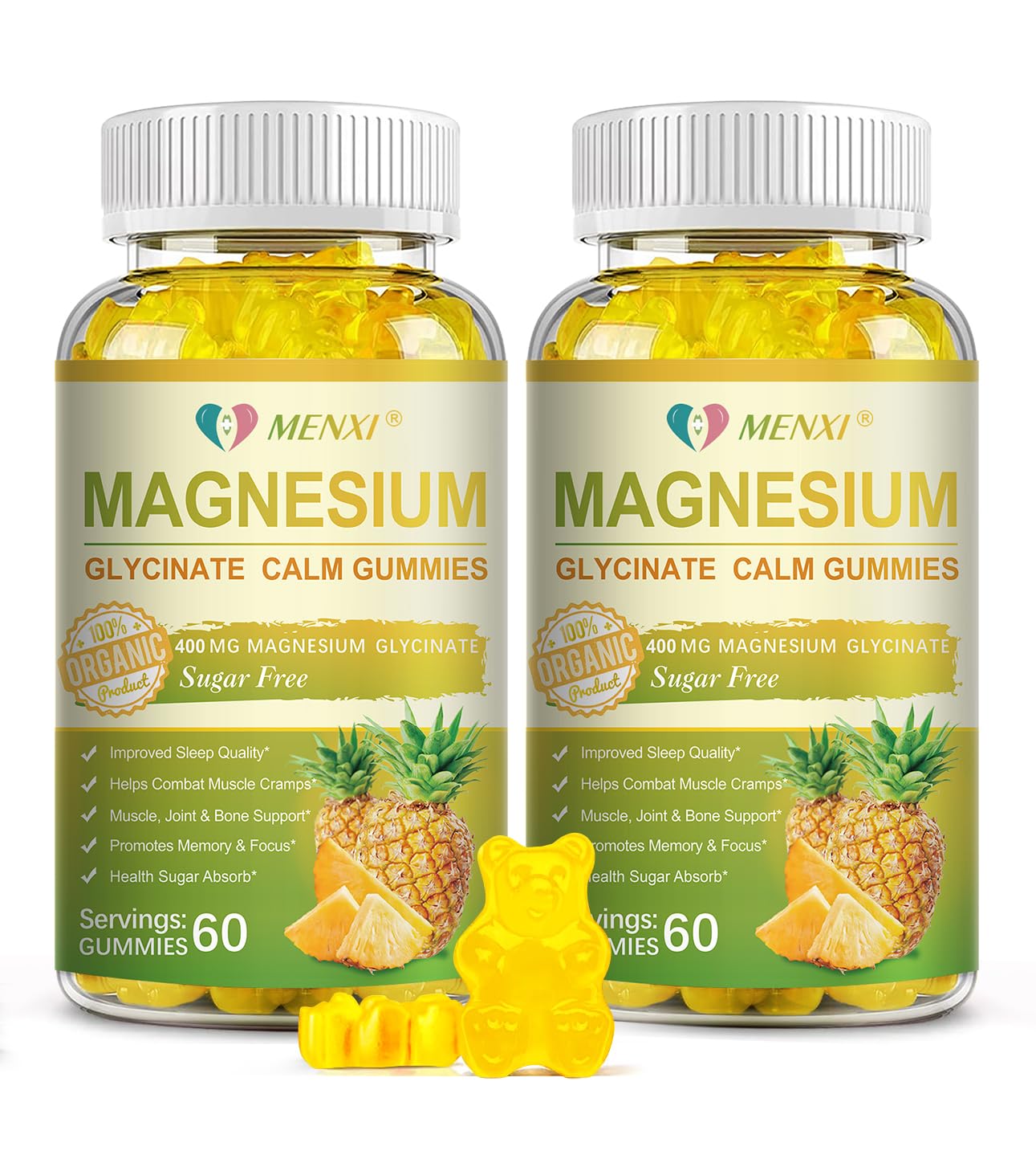 Magnesium Glycinate Gummies 400mg, Sugar Free Magnesium Taurate,Magnesium Malate Supplement with Vitamin D, B6, CoQ10 for Relaxation, Stress Relief, Muscle, Bone & Sleep Support-120 Pineapple Gummies