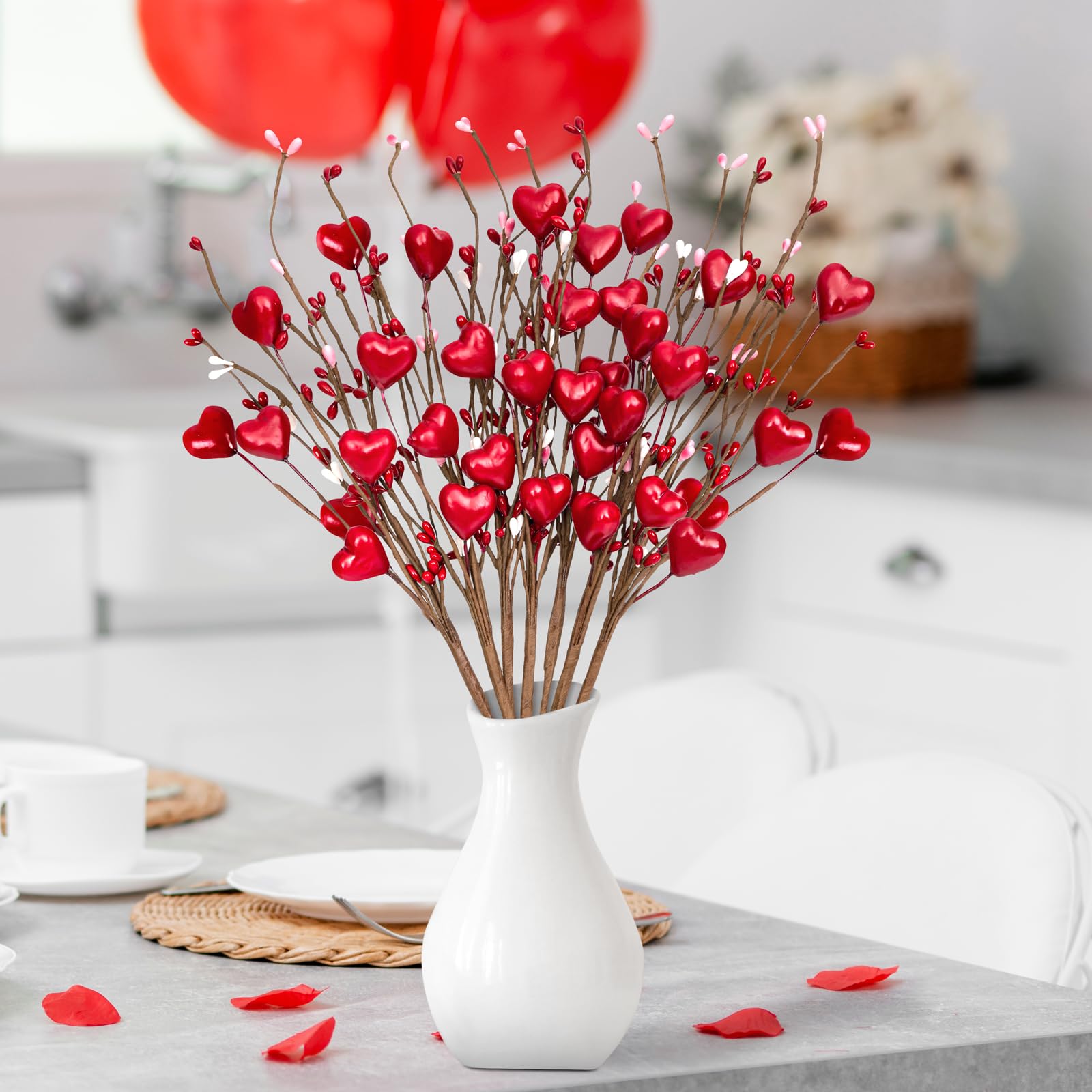 12PCS Valentines Day Decorations Artificial Flowers Picks Decor - Berry Stems with Red Heart Gifts for The Home Table Centerpieces(Style 1)