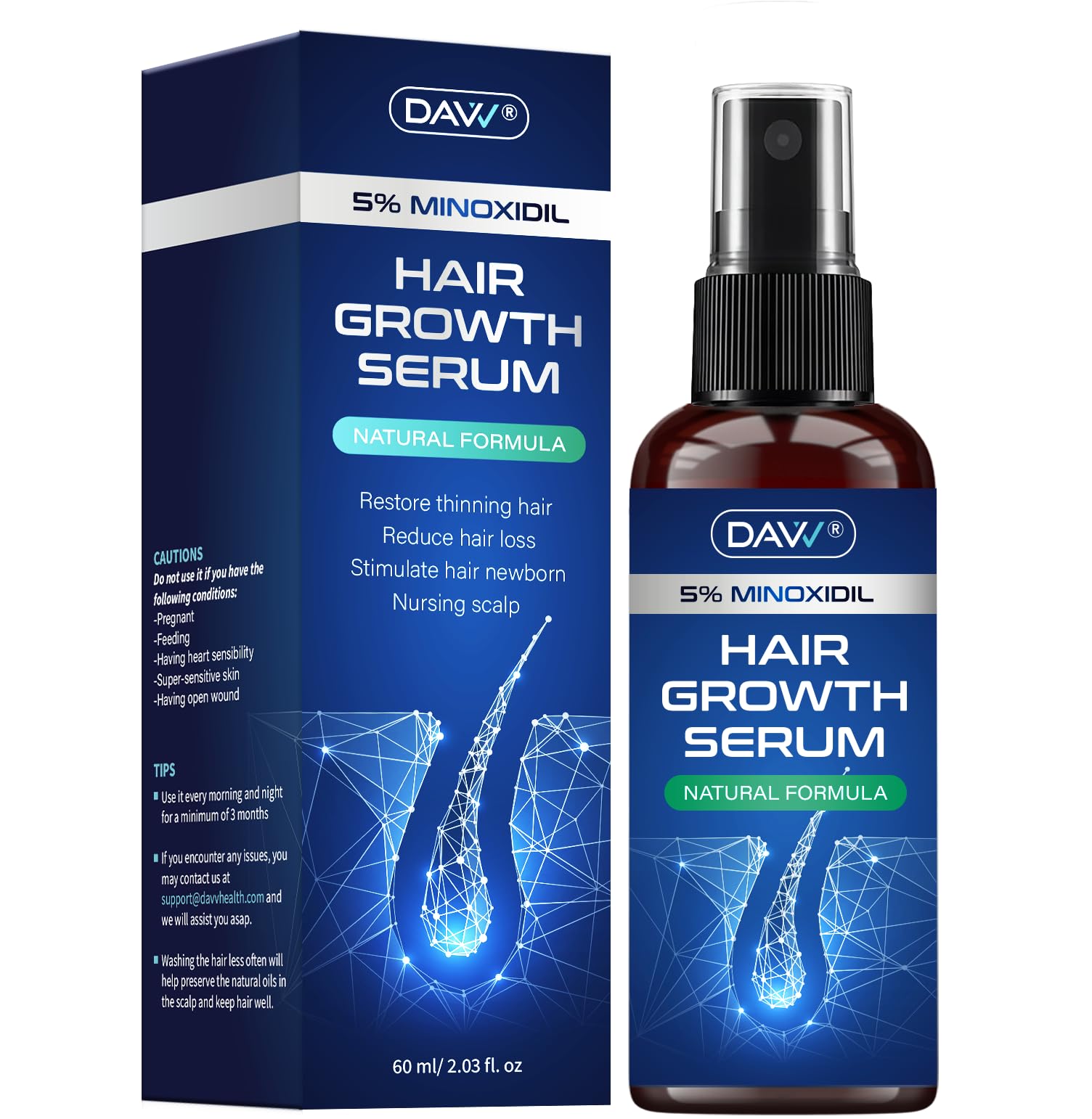 5% Minoxidil for Women and Men: Minoxidil Spray - Minoxidil for Men Hair - Hair Growth Products - Hair Growth Serum with Rosemary - Extra Strength Hair Loss Solution - Faster Stronger Thicker - 60ml