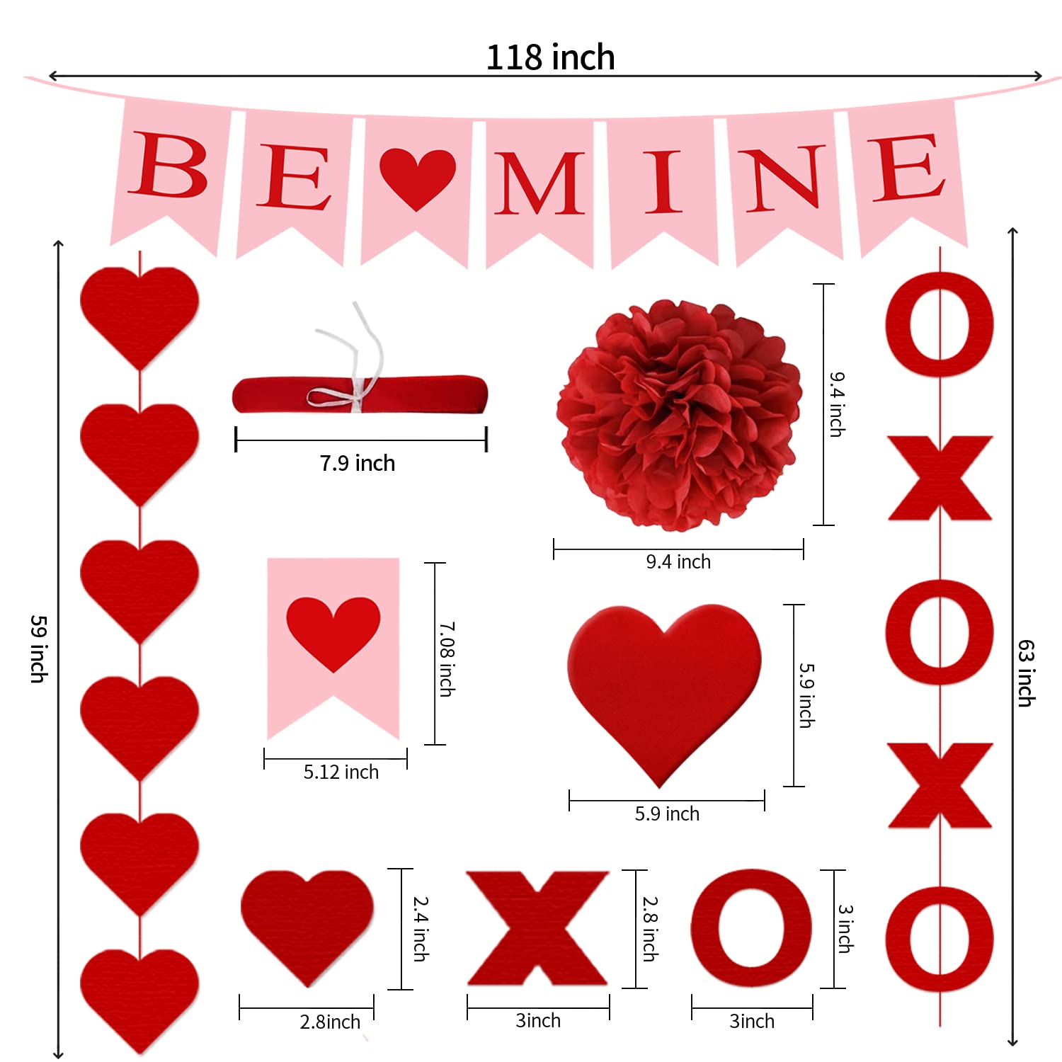 21Pcs Valentines Day Decorations Set Pre-Assembled Hanging Heart Swirls BE Mine Love Heart XO Garlands Banner for Home Classroom Office Wedding Party