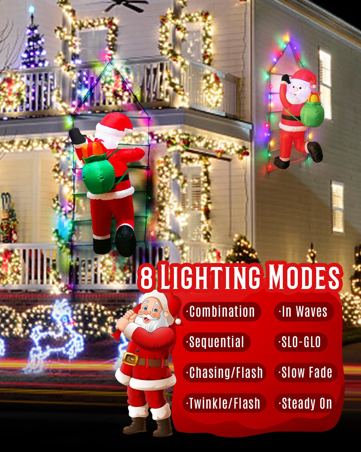 5FT Christmas Inflatable Santa Claus Has Built-in LED Light, Inflatable Santa Claus Ladder Lights with 8 Modes, Dimming, Christmas Decorations Lights for Window Wall Garden Outdoor Indoor Holiday Xmas