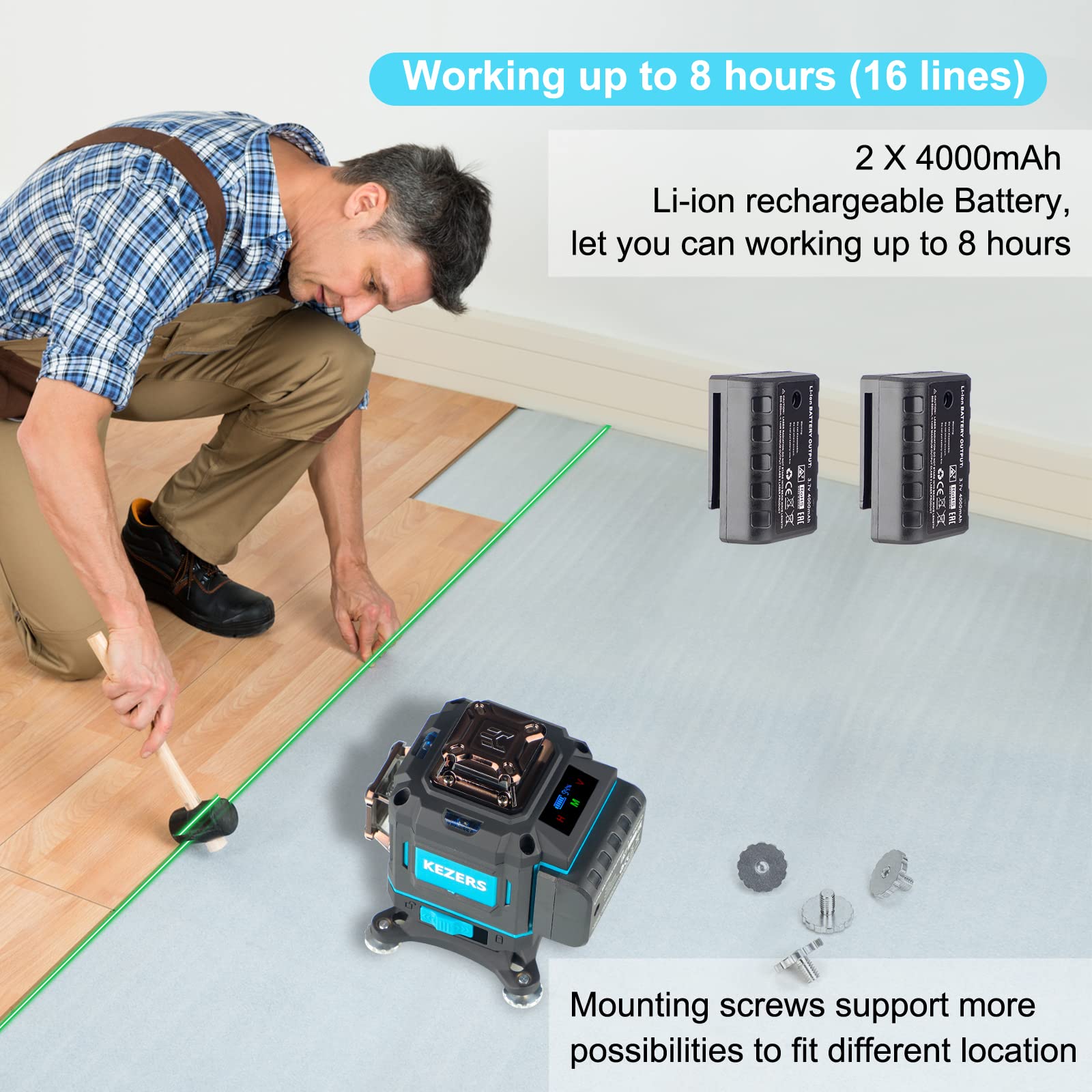 KEZERS Laser Level 360 Self Leveling,4 x 360 Laser Level with Screen Green Laser Level Line tool Leveling and Alignment Laser Tool with Pulse Mode for Construction and Picture Hanging,Remote Control