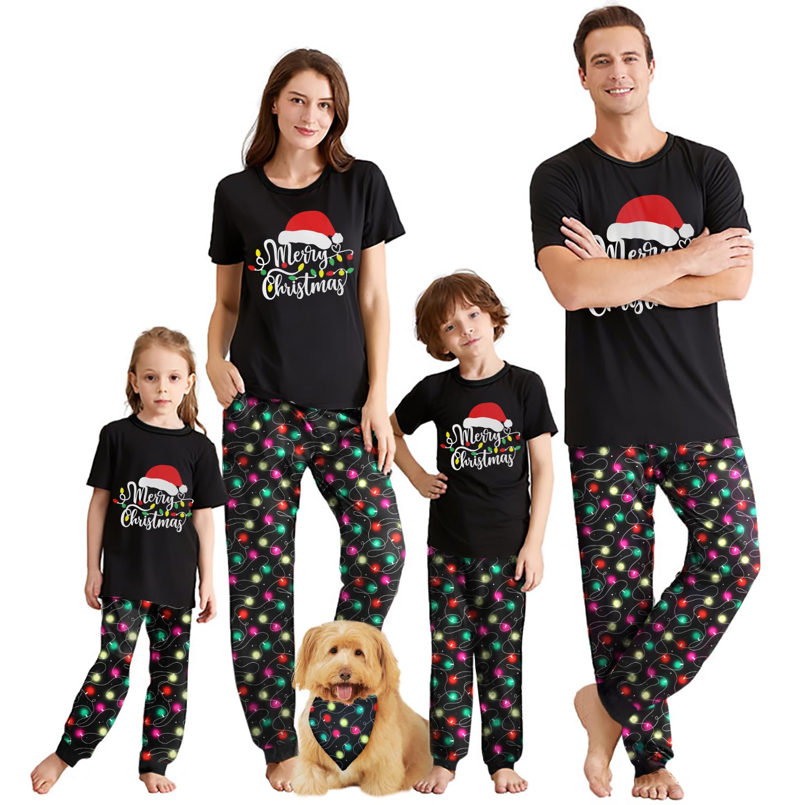 IFFEI Christmas Pajamas for Family Letter Print Matching Holiday PJ's Sets with Short Sleeve Tee and Pants Loungewear Women M Black