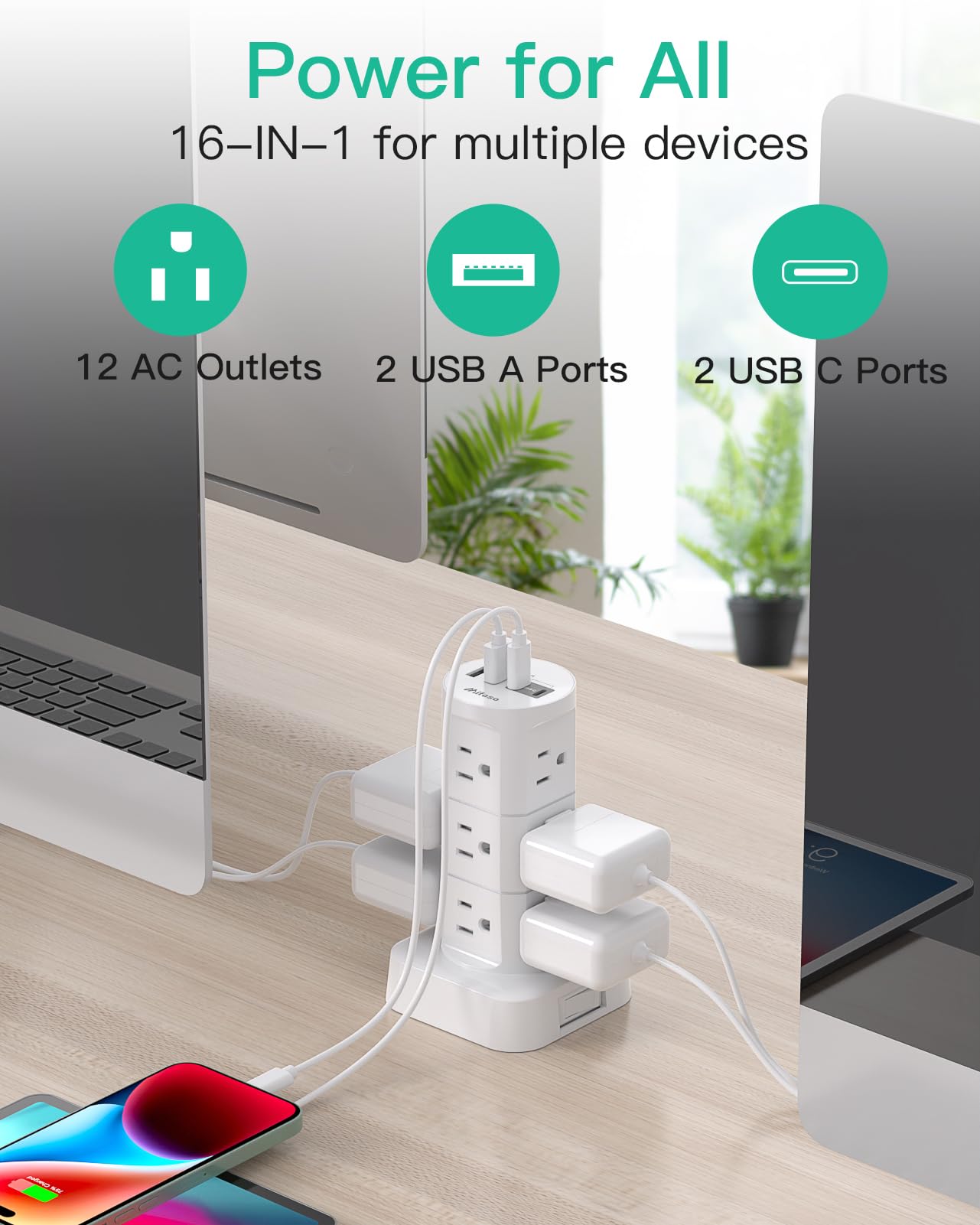 Power Strips with Surge Protection, Flat Plug Power Strip with 12 Outlets 4 USB Ports, Surge Protector Tower 1875W/15A 1080J, 6Ft Extension Cord with Multiple Outlets, Office Supplies, Dorm Essentials