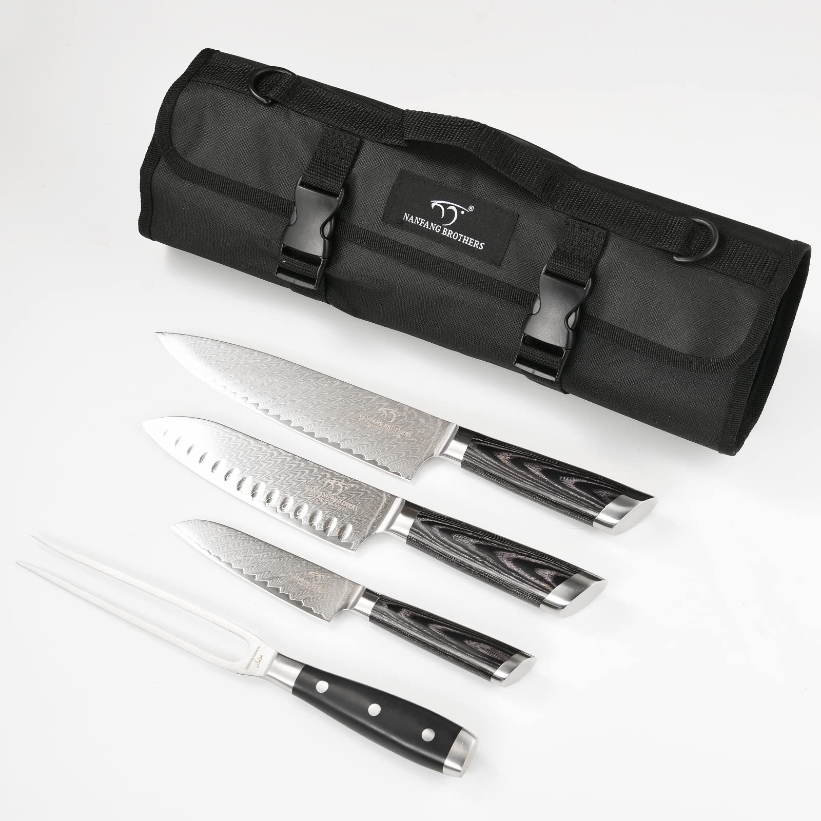 NANFANG BROTHERS Chef Knife Set with Bag, 8 Pieces Damascus Steel Chef Knives with Portable Knife Roll Storage Bag, Blade Guards, Carving Fork, Sharpener and Kitchen Shears for Outdoor Camping Travel