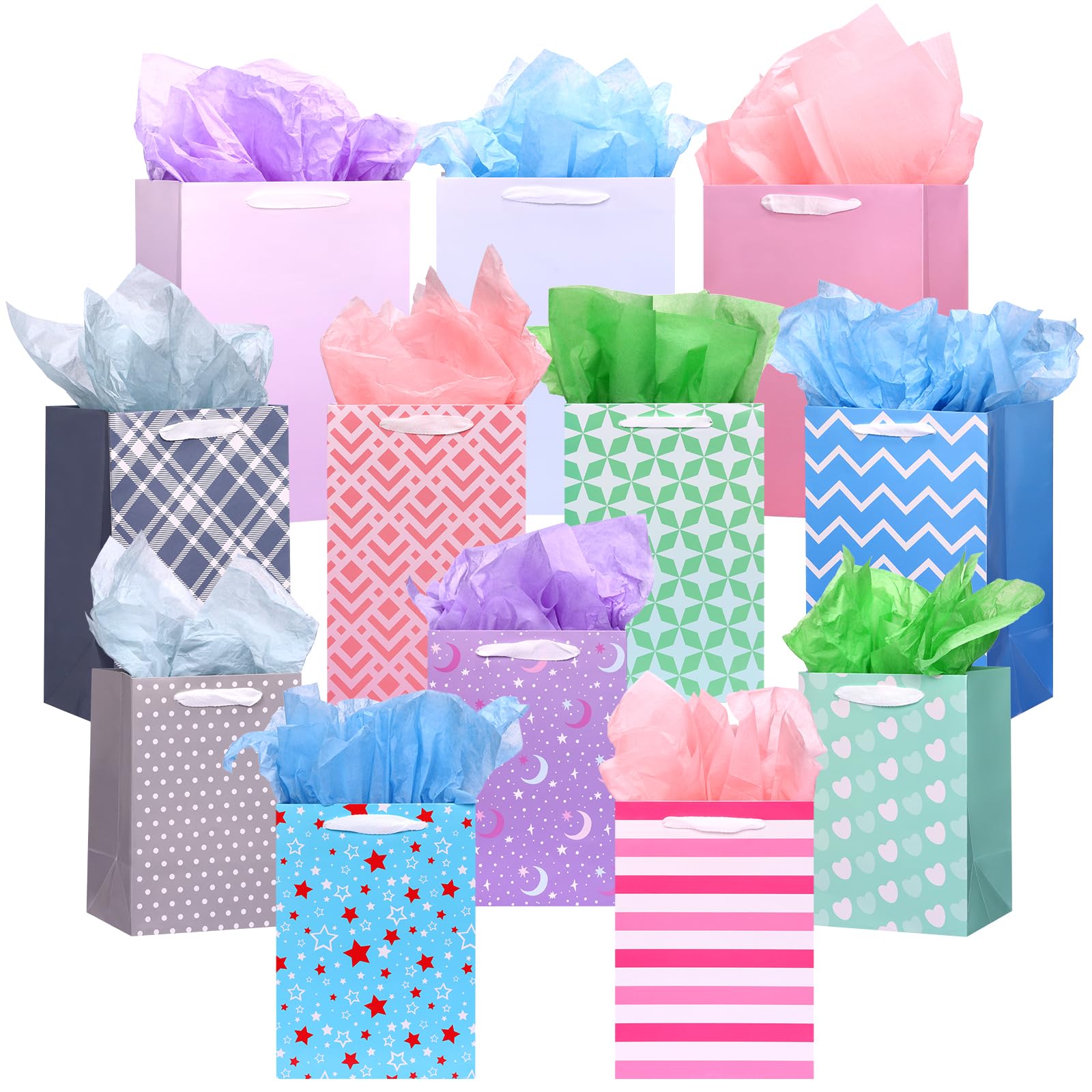 OUTUXED 12pcs Paper Gift Bags with Tissue Paper Assorted Sizes Gift Bags with Different Designs Bulk (5 Medium 9.8", 4 Large 11.8", 3 Extra Large 13.8") for Birthday, Baby Showers, Party, Wedding