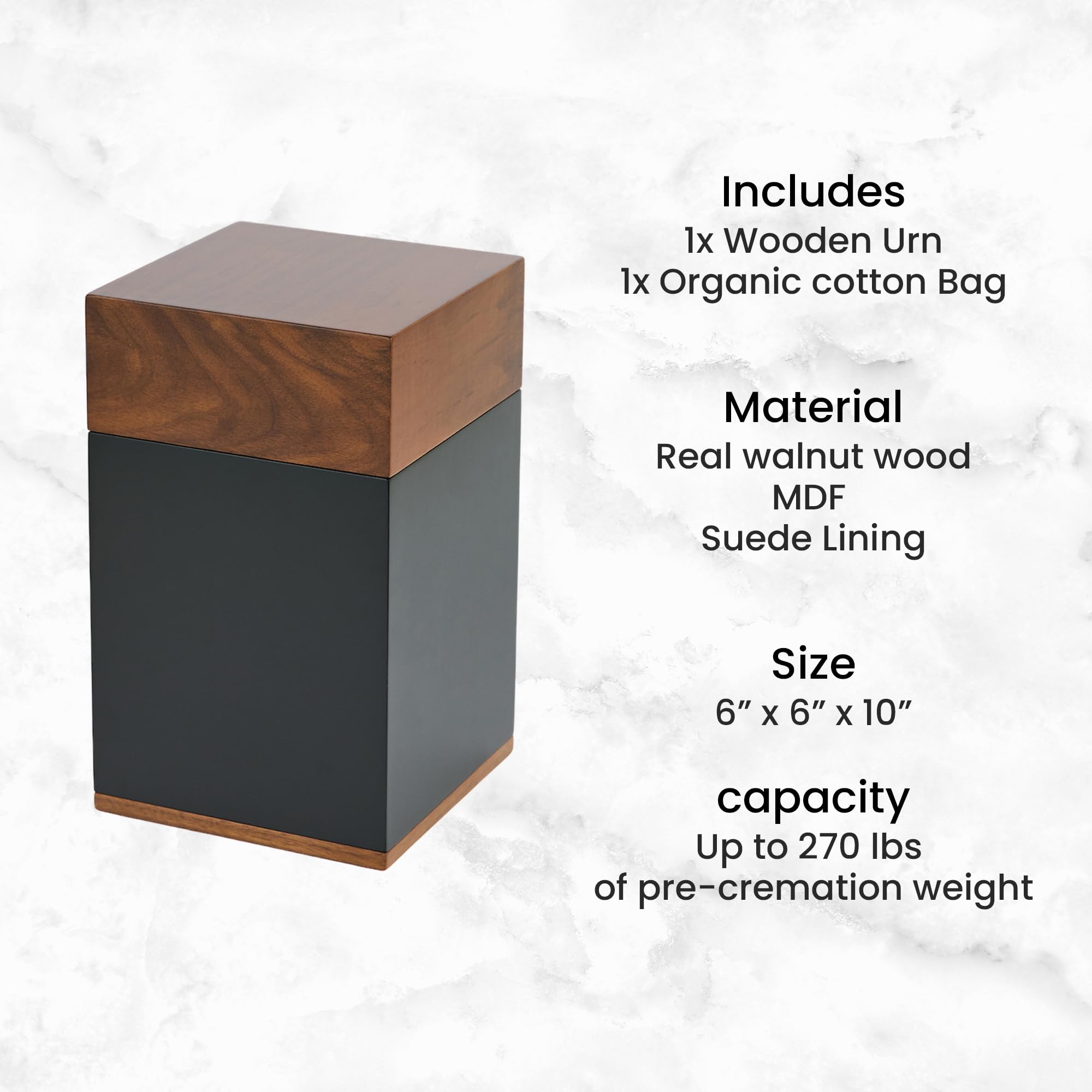 AspenStudio Black Walnut Urn for Human Cremation Ash Wooden Urn for Funeral Handcrafted Urn with Bag for Storage TSA Approved Urn