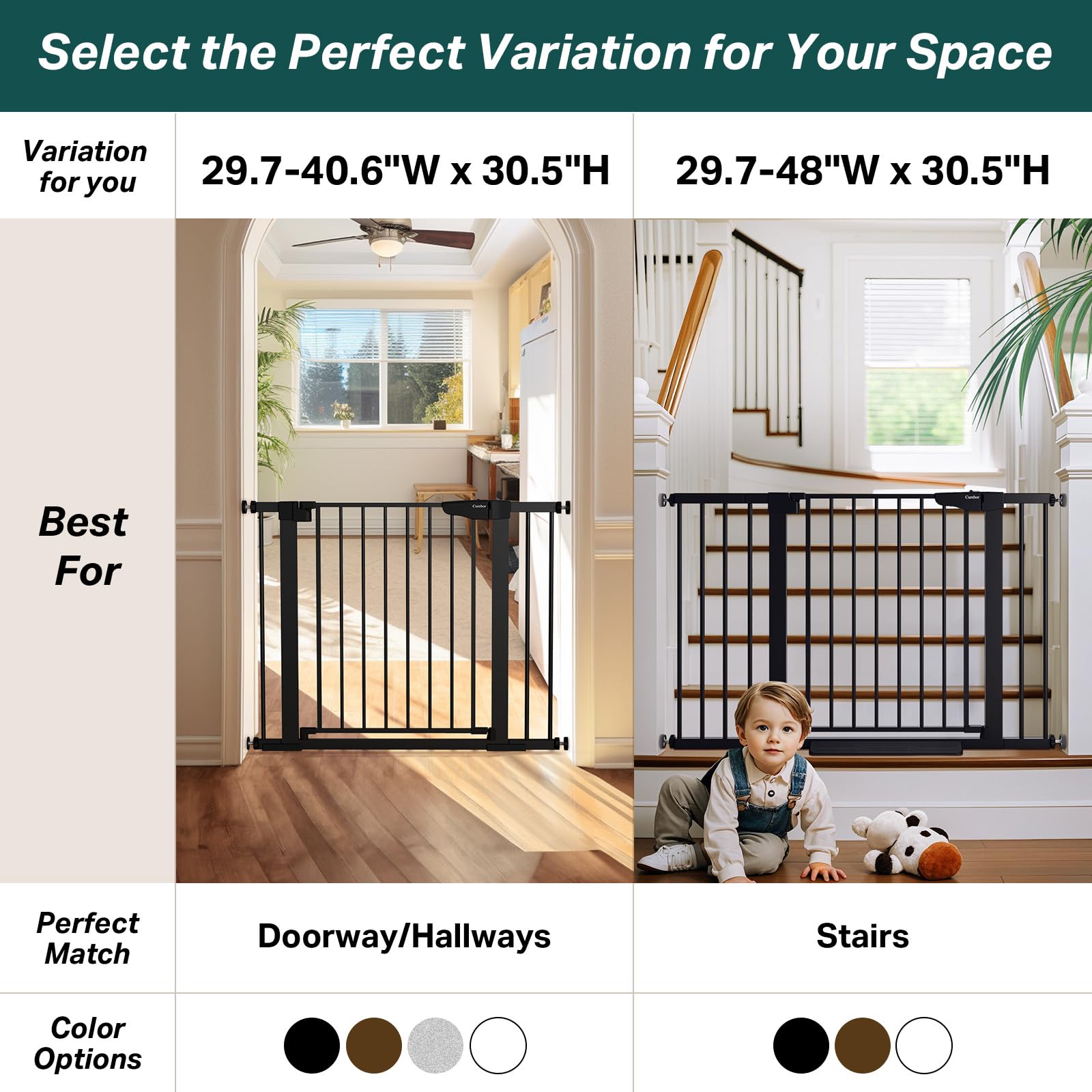 Cumbor 29.7-40.6" Baby Gate for Stairs, Mom's Choice Awards Winner-Dog Gate for Doorways, Pressure Mounted Self Closing Pet Gates for Dogs Indoor, Durable Safety Child Gate with Easy Walk Thru Door