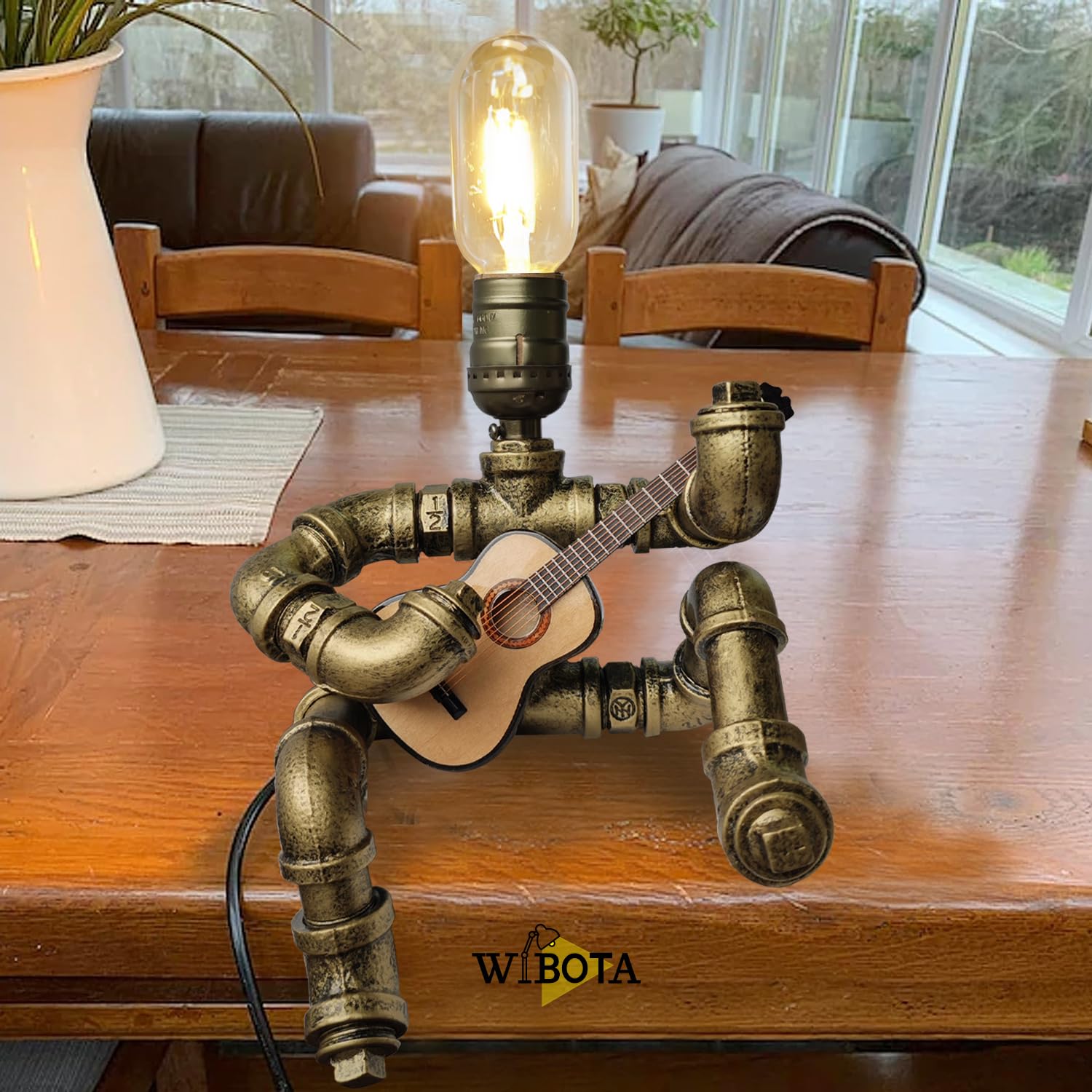 Music Guitar Table Lamp Art Decor Guitar Stuff Cool Gifts for Music Art Lovers Microphone Players for Men Steampunk Pipe Man Edison Bulb Lamps Retro Guitars Metal Pipe Industrial Robot Lights Bronze 3