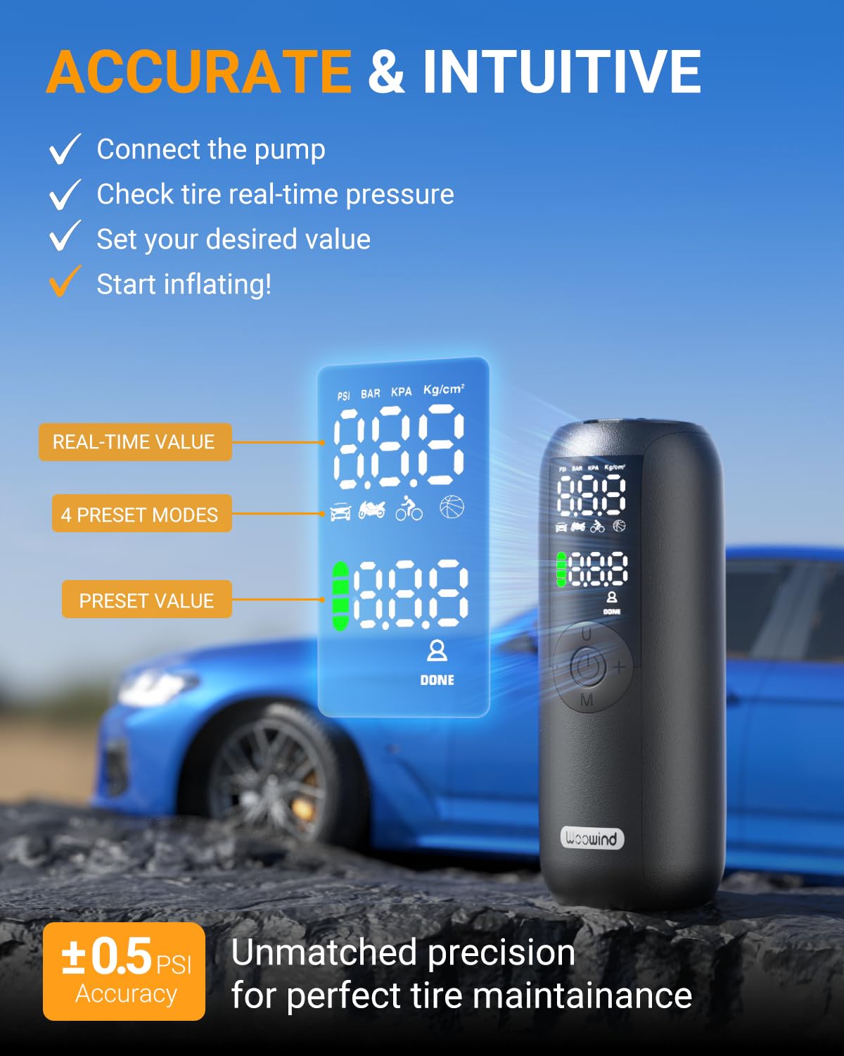 Woowind LP1 Tire Inflator Portable Air Compressor Bike Pump 150PSI Air Pump for Car Tires Auto Off Tire Pump with Presta, Schrader and Dunlop Valve