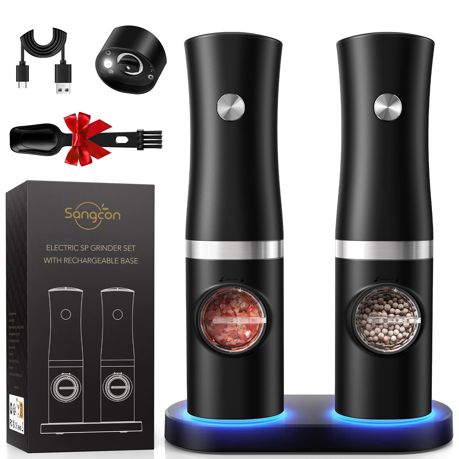 Sangcon Electric Salt and Pepper Grinder Set of 2, Automatic Salt Pepper Grinder Mill with Rechargeable Base LED light, Adjustable Coarseness,One-handed Operation, Refillable Spice Mill Shakers