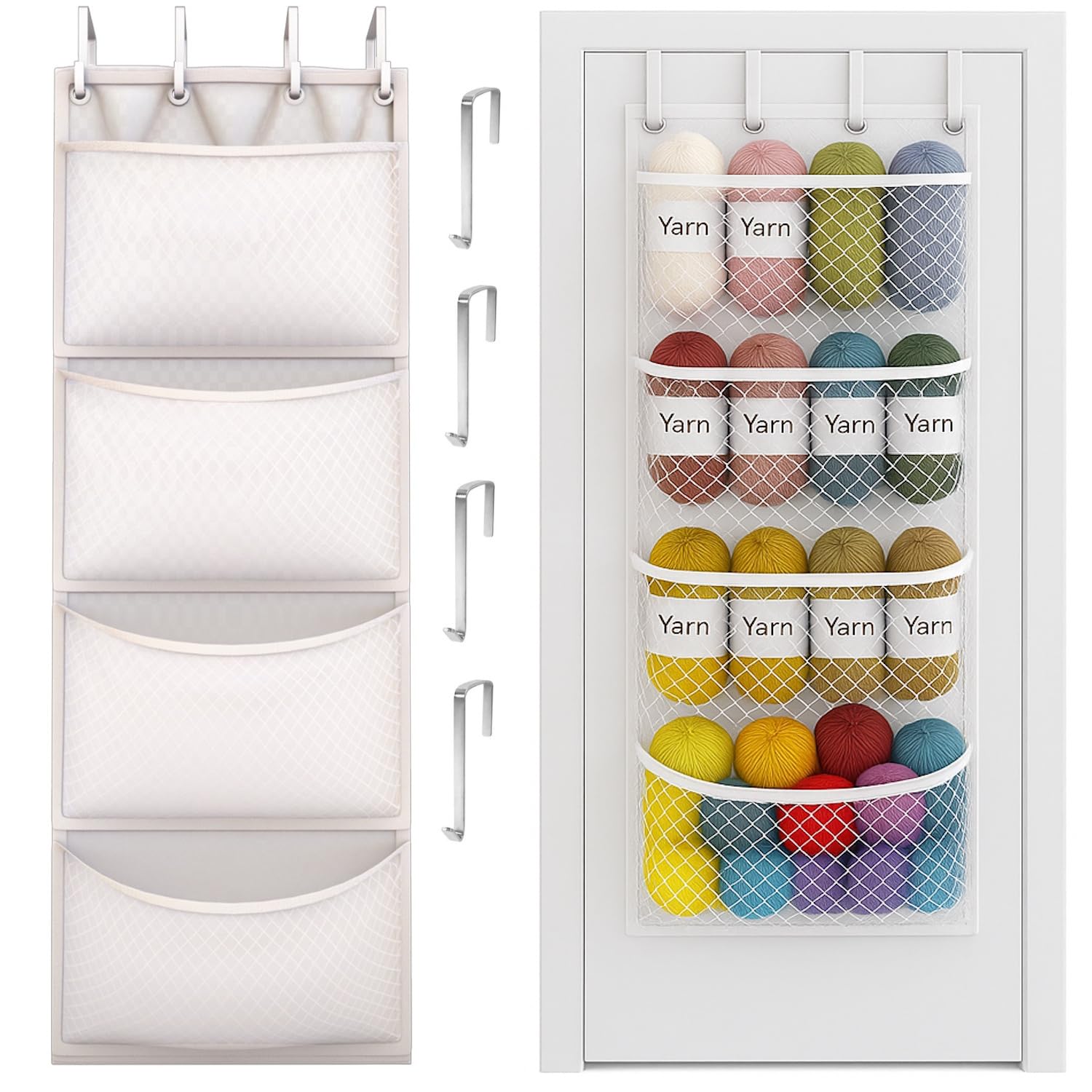 Honeyera Yarn Organizer and Storage Over The Door – Large Hanging Yarn Organizer with 4 Clear Mesh Compartments – Crochet Yarn, Knitting Supplies, Craft & Crochet Hook Storage Solution