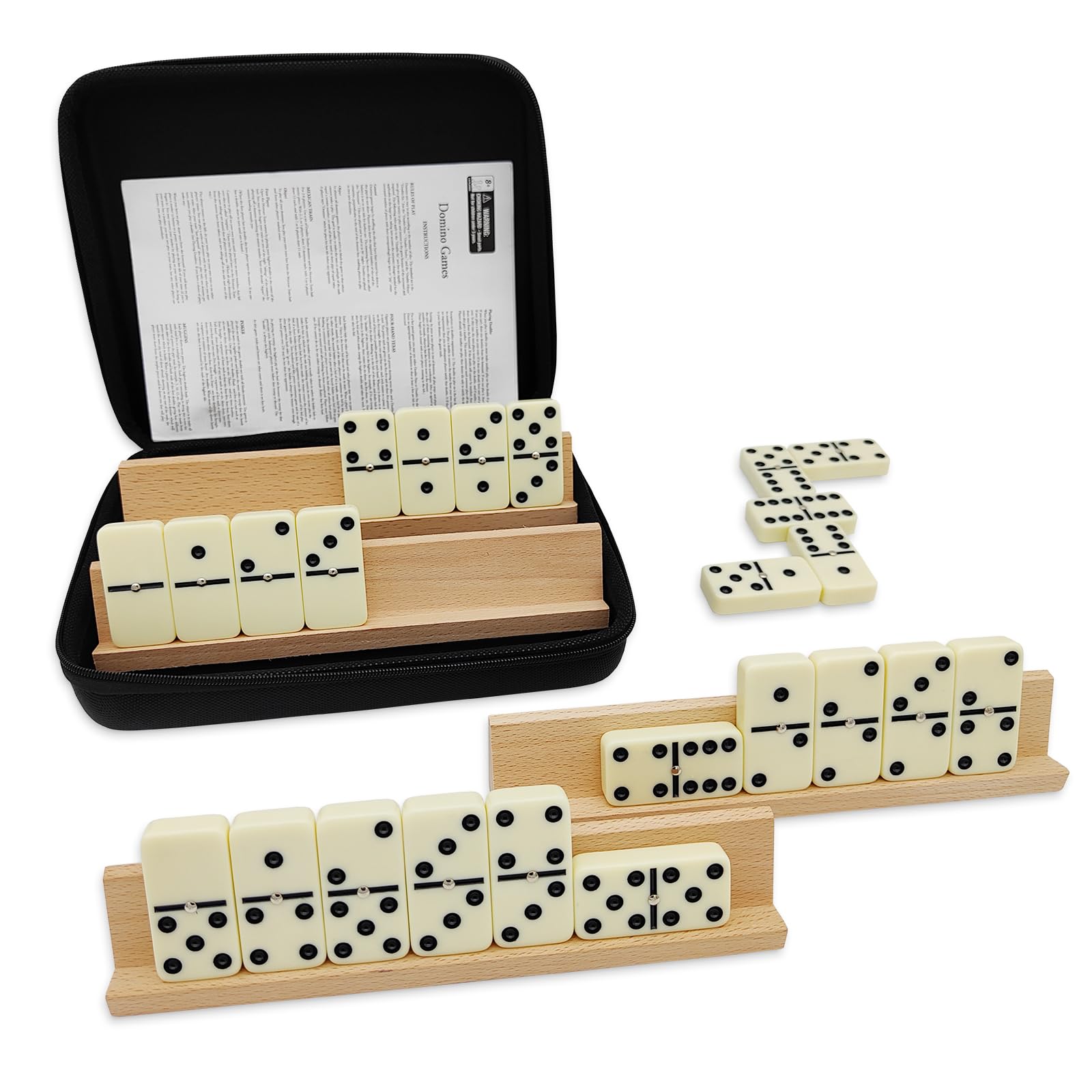 uvcany Dominoes Set for Adults with 4 Wooden Racks/Trays, Double 6 Dominoes Travel Set with Portable Case Double Six Dominoes Set with 4 Tiles Holders, 28 Tiles Dominos Set for Family Board Games