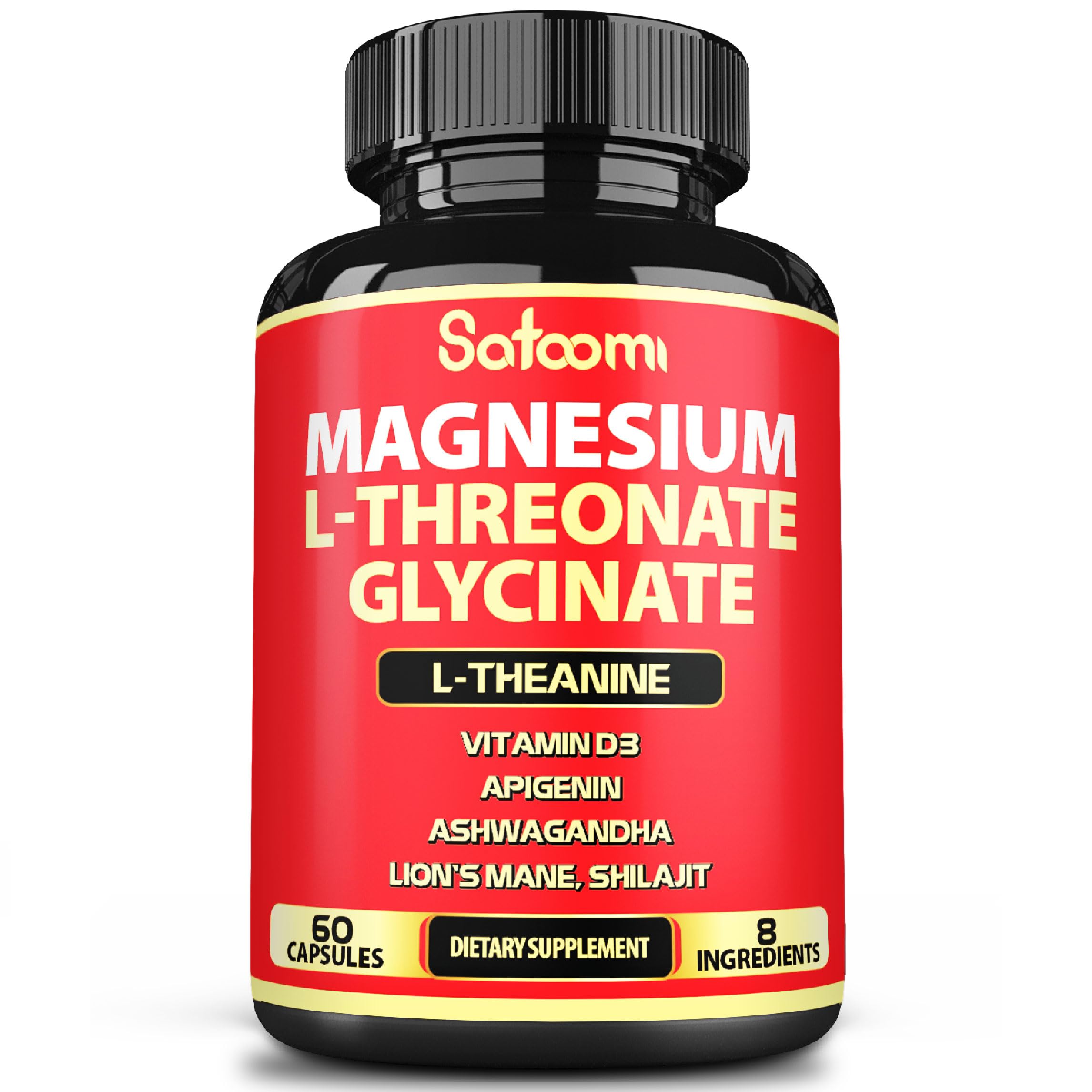 Satoomi 8in1 Magnesium L-Threonate and Glycinate - Plus Ashwagandha, L-Theanine, Lions Mane Vitamin D3 and More - Supports Brain Health & Memory - 60 Count