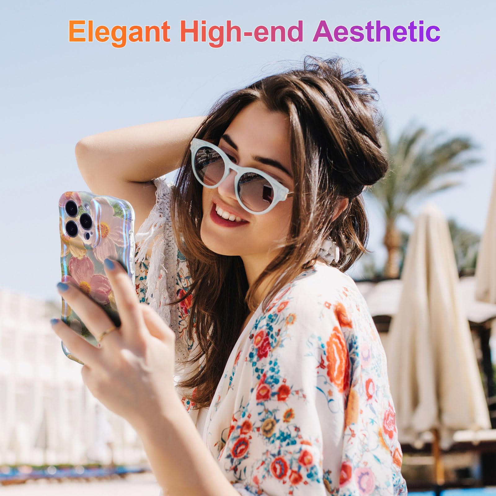 EYZUTAK Case for iPhone 14 Pro, Colorful Retro Oil Painting Printed Flower Laser Glossy Pattern Cute Curly Waves Border Exquisite Phone Cover Stylish Durable TPU Protective Case for Girls Women -Green