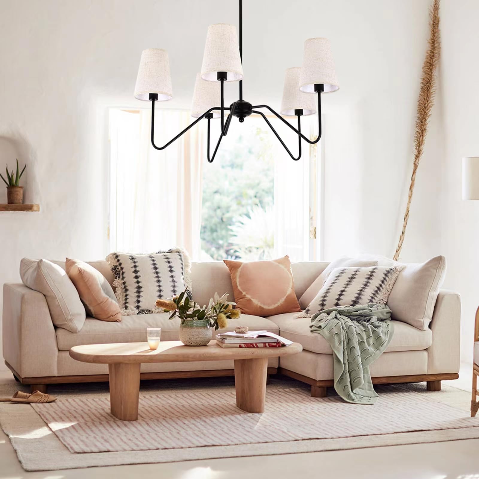 FIYUEOYI 5-Light Modern Chandeliers, Pendant Lights Fixture with Linen Beige Fabric Shade for Living Room Dining Room Bedroom Hallway Entryway, Height Adjustable