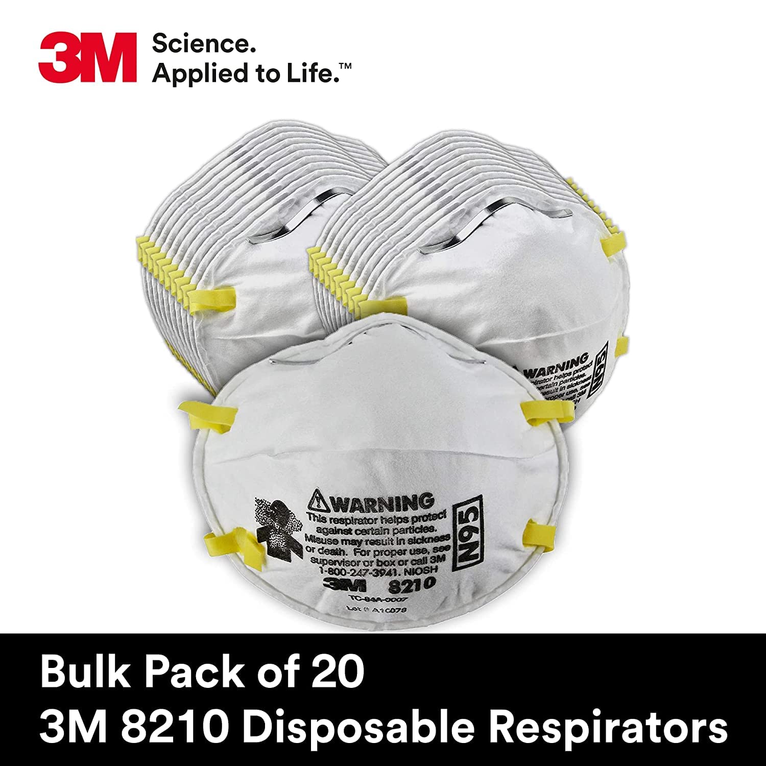3M 8210 Particulate Respirator, N95, Pack of 20 Disposable Respirators, NIOSH APPROVED, Two-Strap Cup Style Design, Lightweight with Cushioning Nose Foam