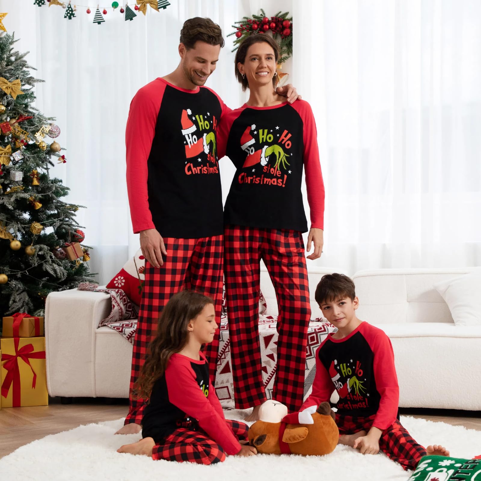 Manooby Matching Christmas Pajamas For Family Xmas Holiday Pjs Funny Elf Plaid Sleepwear Soft Outfit Sets For Women/Men/Couples/Adult 2024,A- HOHO Red,3 M