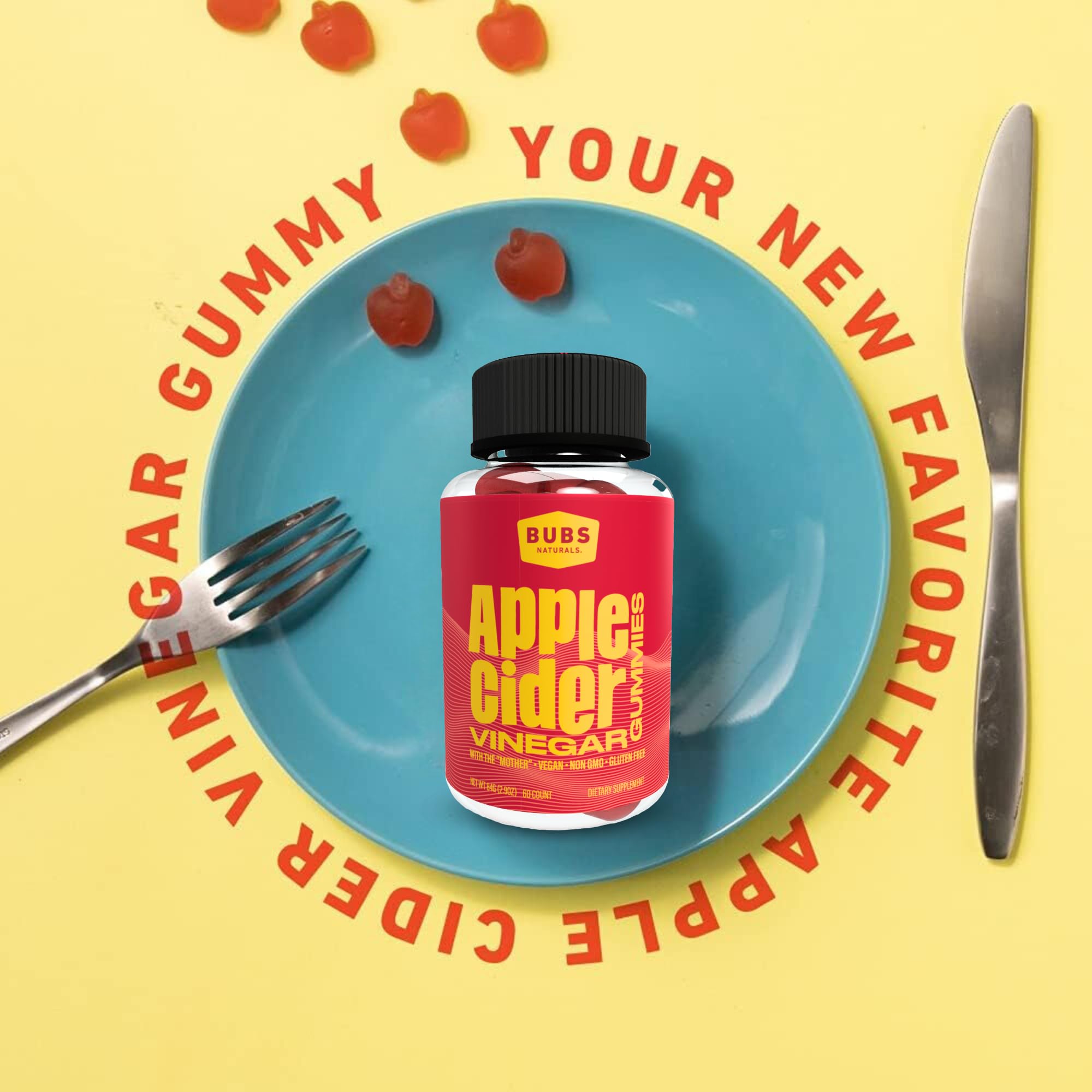BUBS Naturals Apple Cider Vinegar Gummies - with The Mother - All Natural Vegan ACV Gummy Vitamins - Supports Detox, Digestion - Energy Booster with B Vitamins - 60 Count