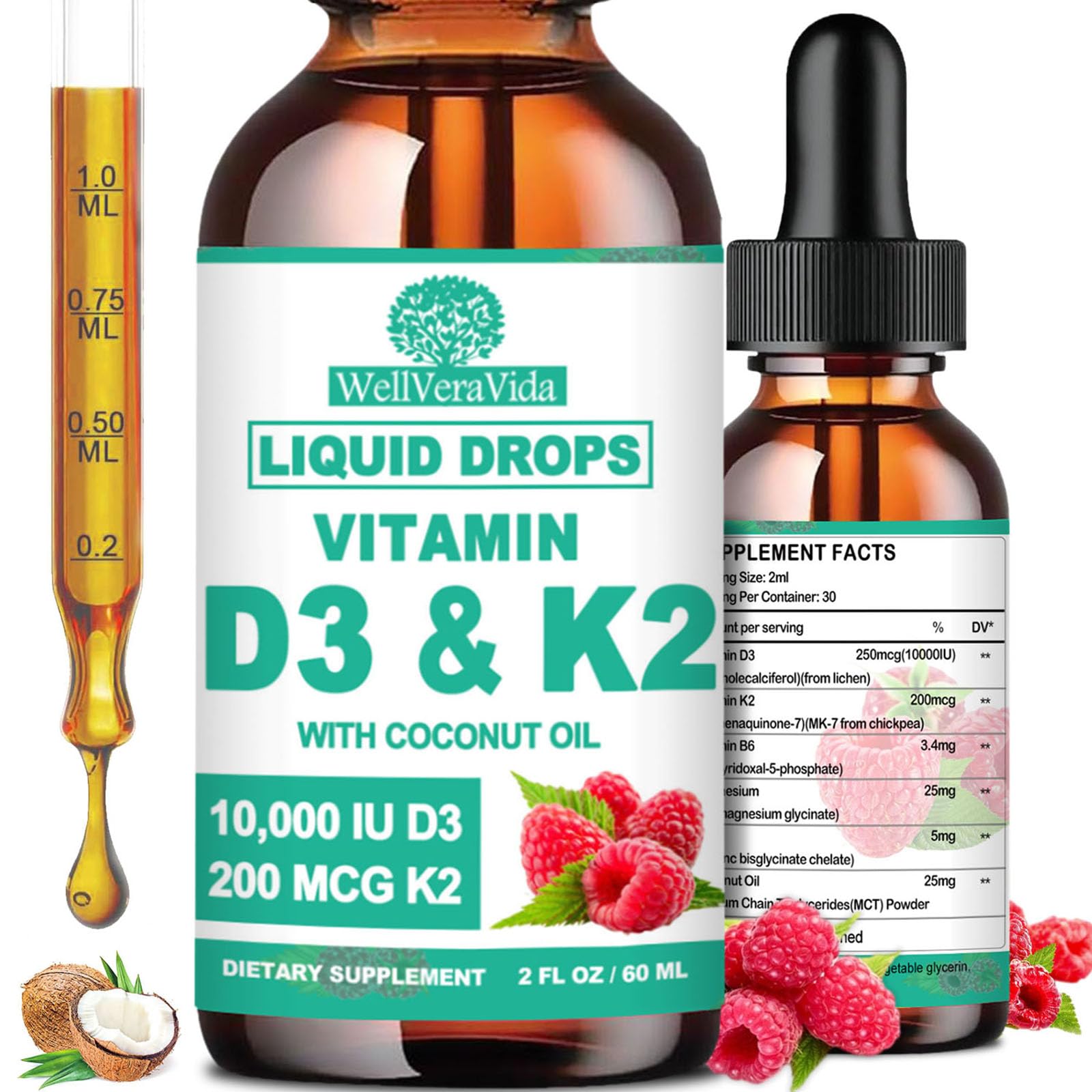 D3 K2 Vitamin 10000iu, Liquid Drop Vitamin D3 With K2 (MK-7)200mcg Coconut Oil, 6X Stronger Than D3 K2 Sofegels, Magnesium Zinc for Absorption -K2 D3 Vitamin Supplement for Joint Teeth & Bone Health