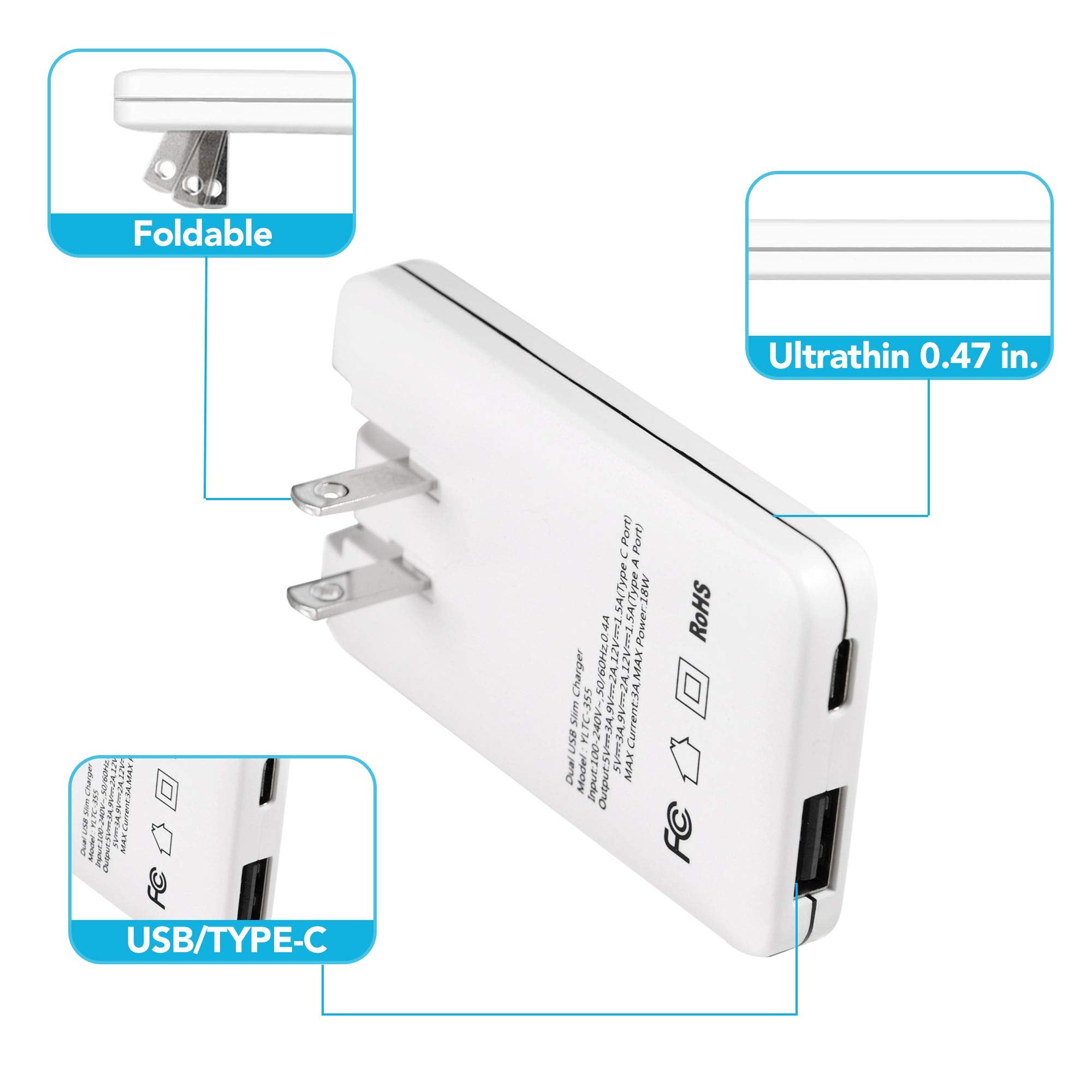 Slim USB C Wall Charger, Fast & Flat USB Wall Plug, 18W Dual Port Flat Wall Charger Block for Your USB A & USB C Devices, iPhone 16 15 14 13 12 Pro Max, AirPods, Samsung Galaxy, Pixel, LG and More