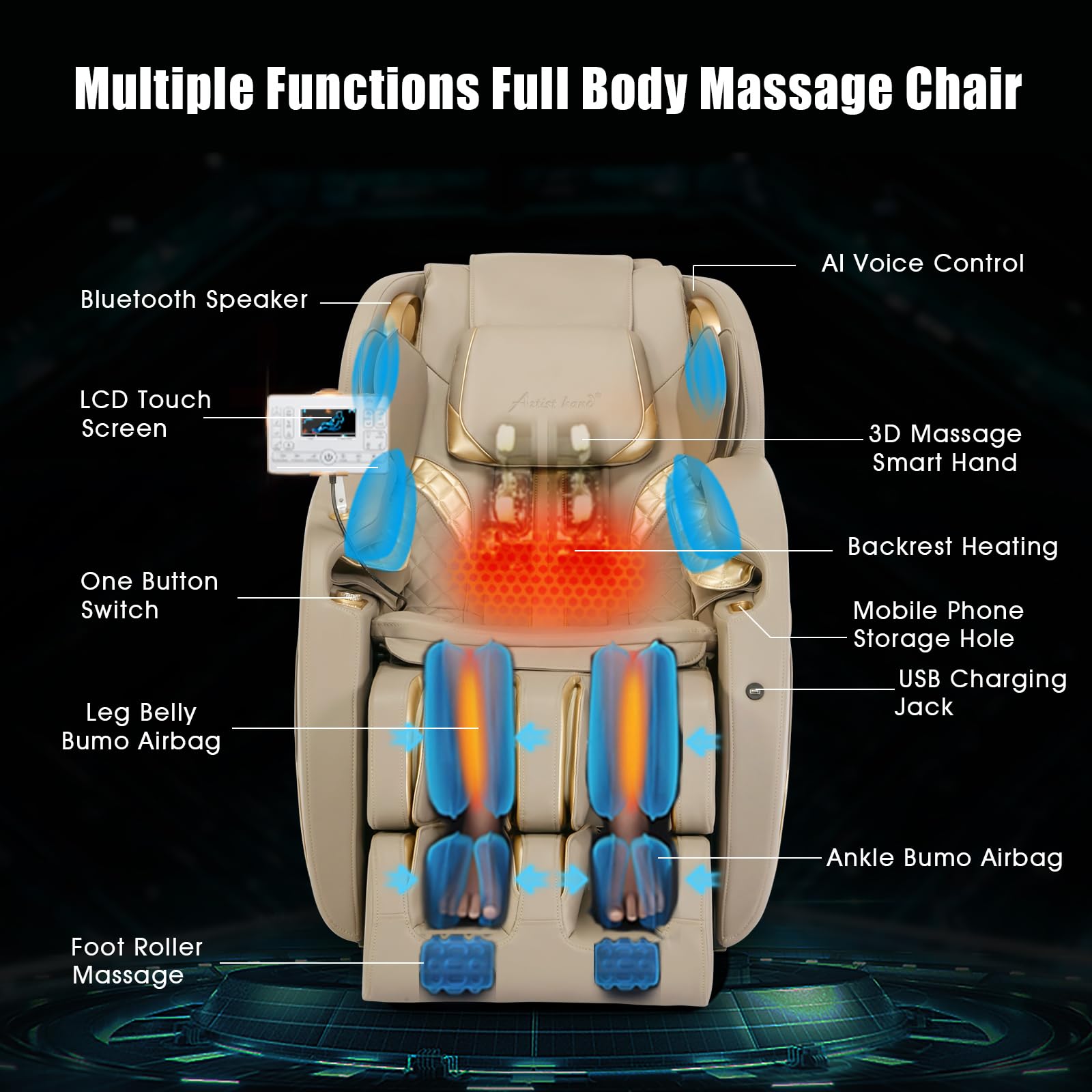 Artist hand Massage Chair Full Body, SL Track Zero Gravity Massage Chair Recliner with 12 Modes, Bluetooth, Body Scan, Foot Roller & Airbags Massage, AI Voice Control (Khaki)