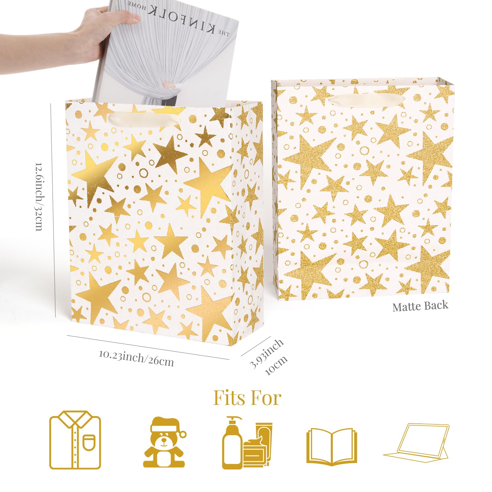 PAPER FAIR Metallic Gold Foil Gift Bags Bulk with White Tissue, 12 Pcs with 4 Unique Patterns: Stars, Polka Dots, Diamonds & Stripes, Large Size 12.5X10X4 inch, Ideal for Christmas Birthday Gift Wrap