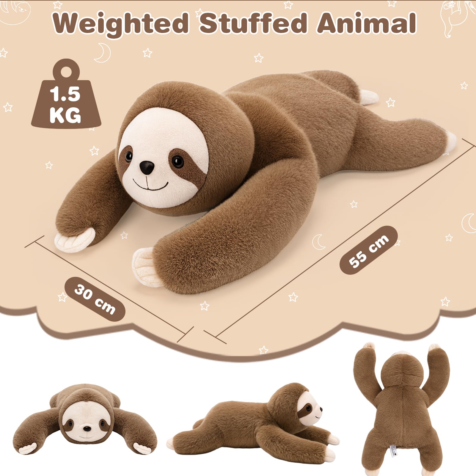 Joyreal Sloth Sensory Weighted Vibrating Pillow, Pressure Activated for Kids Adults, Plush Minky Soft Size: 11 by 21 inches Pillow Animal for Focus & Balance for Gift Birthday Autistic (Brown)