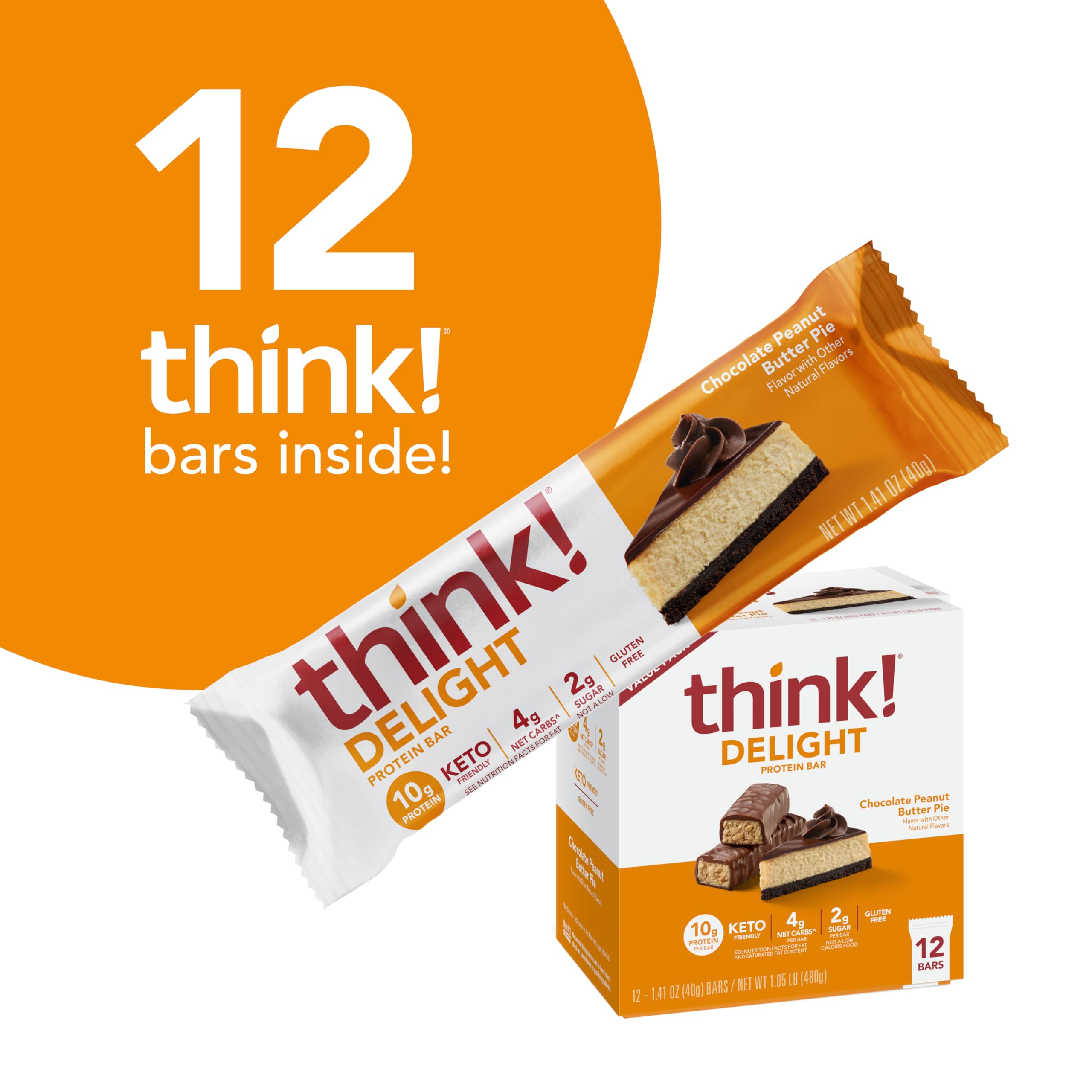 think! Delight Protein Bars, Gluten Free Snack - Chocolate Peanut Butter Pie, 12 Count (Packaging May Vary)