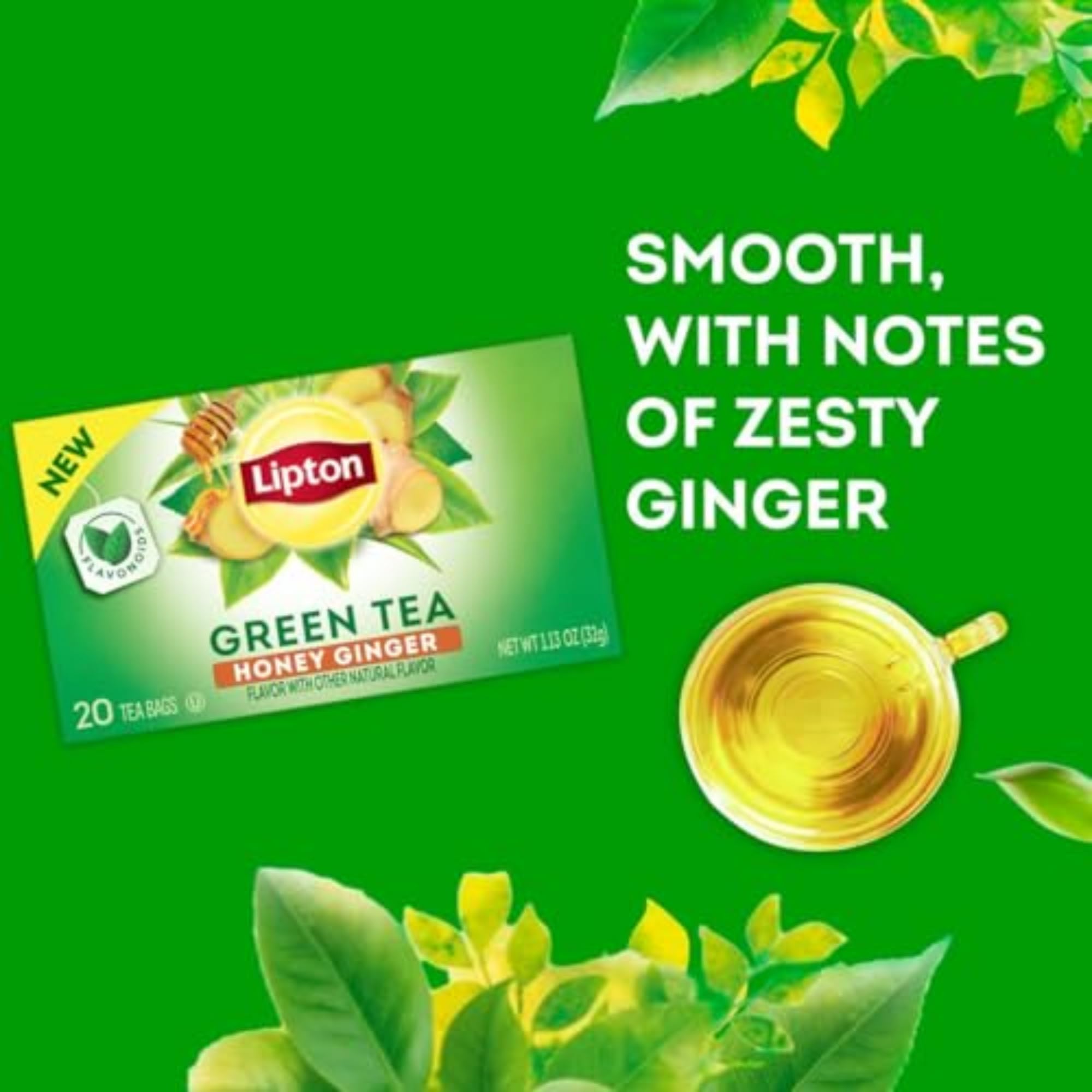 Lipton Honey Ginger Green Tea Bags, Flavored, Unsweetened Teabags for Hot Tea or Iced Tea with Caffeine and Flavonoids, 120 Total Tea Bags (20ct - Pack of 6)