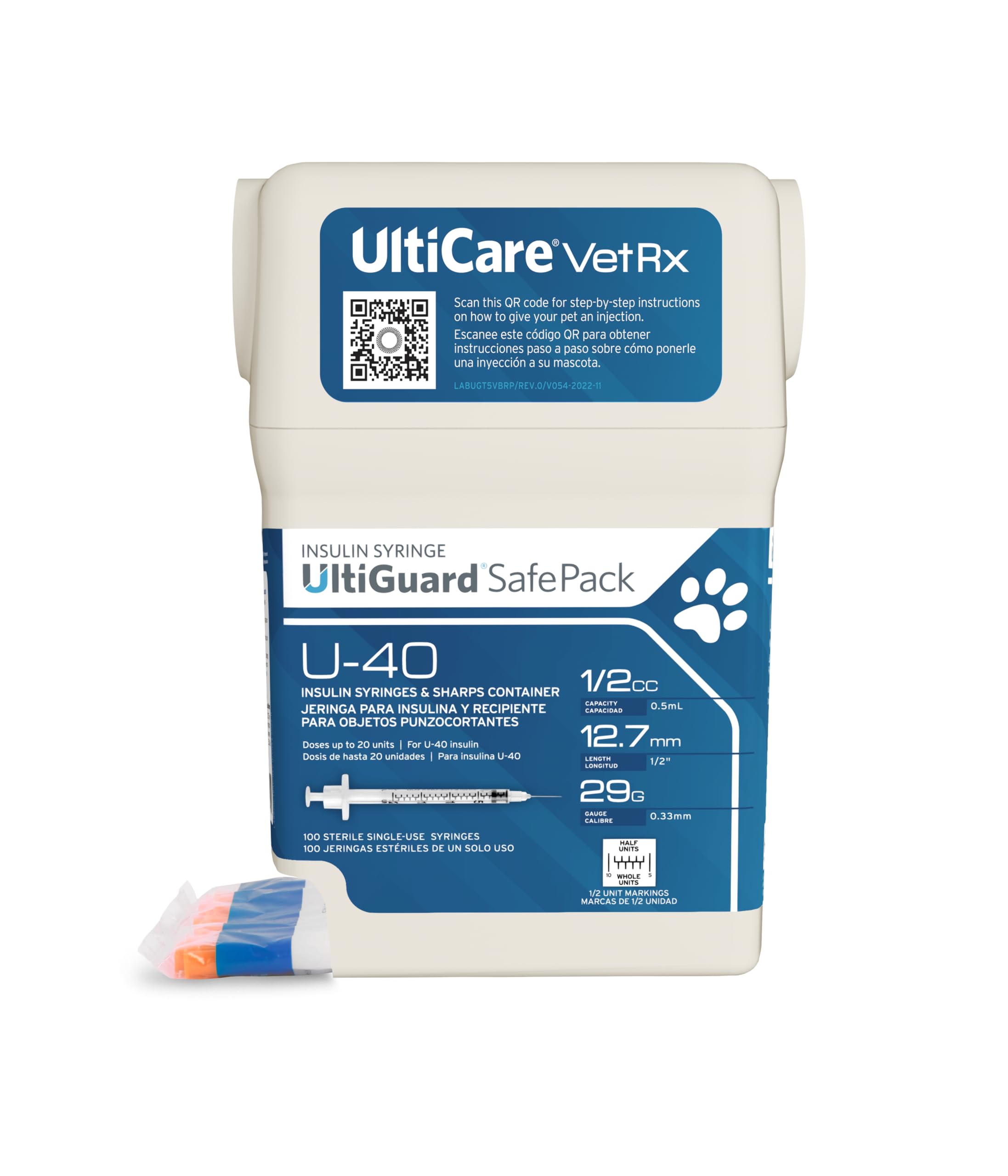 UltiCare VetRx U-40 UltiGuard Safe Pack Pet Insulin Syringes 1/2cc, 29G x 1/2", 100 ct (With 1/2 Unit Markings)