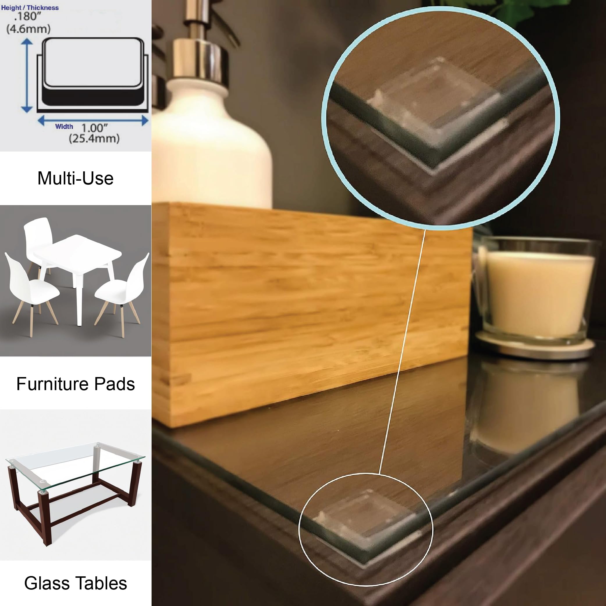 1 Inch Clear Adhesive Bumpers Combo Pack (Square, Circle) - Made in USA - Set of 23 Transparent Glass Protective Pads, Self Stick Rubber Pads for Glass Table Top, Furniture Feet, Picture Frames