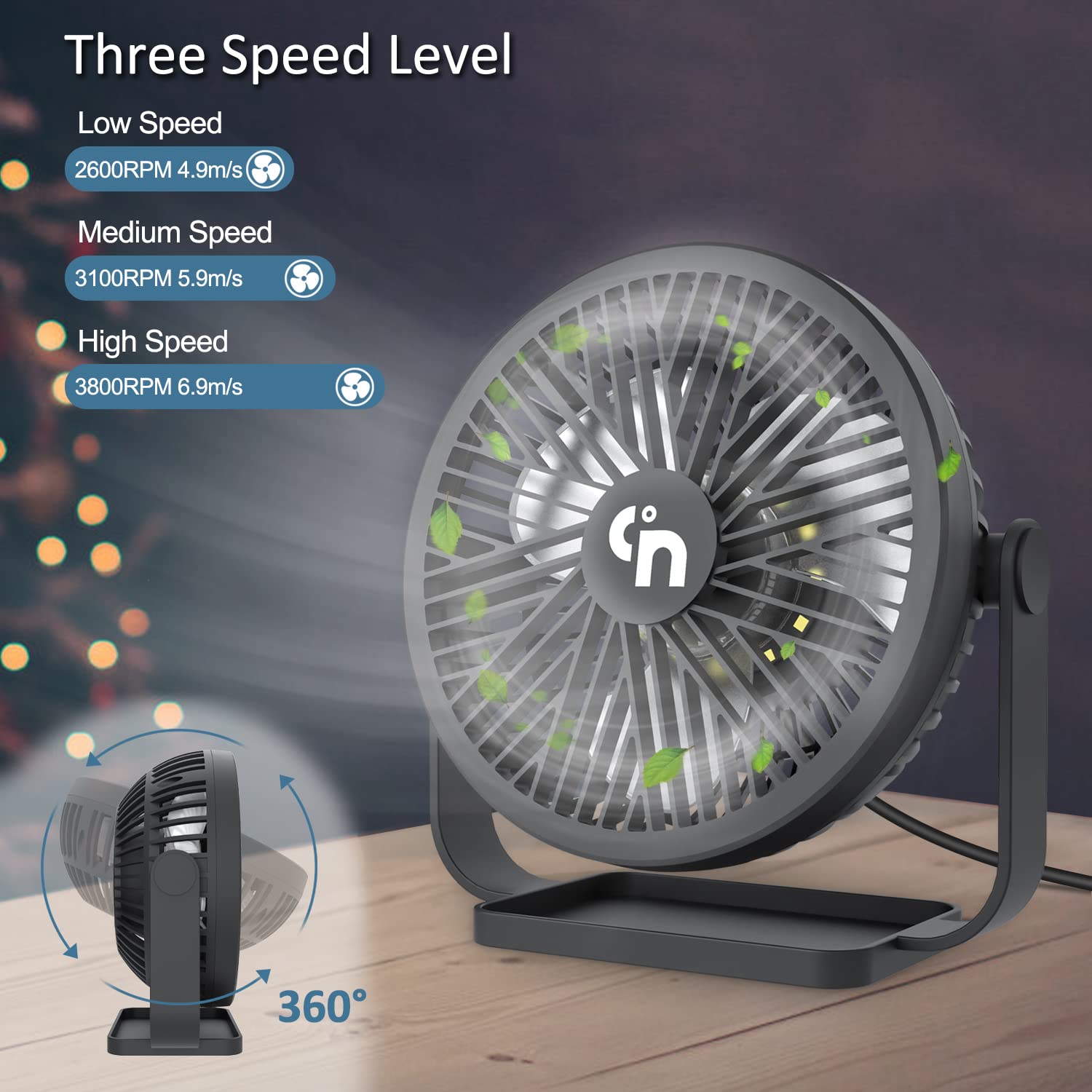 GagetElec USB Desk Fan with LED Night Lights,3 Speeds Desktop Small Fan,360°Rotation Strong Wind,Quiet Mini Cooling Table Fan for Home Office Desktop Office Table 5.3 Inch (T5-03)