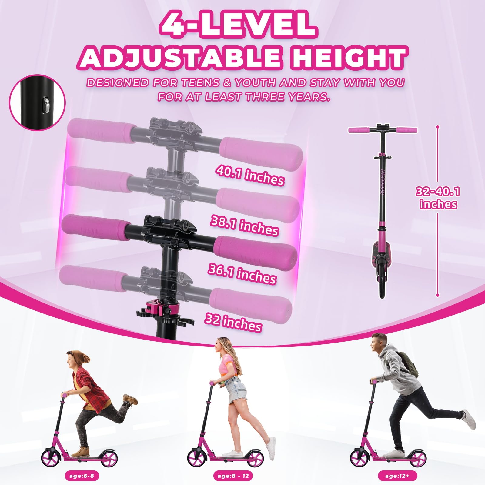 Nattork Scooter for Kids 8-12, Teens and Adults- Adjustable Height Folding Kick Scooter with Large Sturdy Wheels for a Smooth Ride, Lightweight, Anti-Shock Suspension for Boys and Girls
