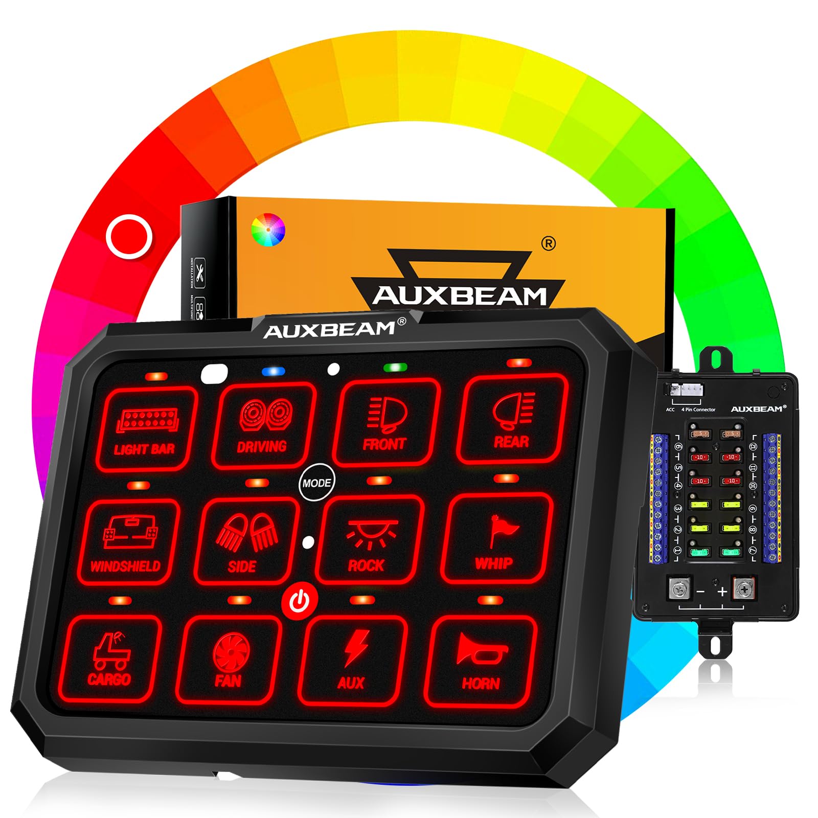 Auxbeam 12 Gang Switch Panel RGB RB120 Toggle Momentary Pulsed Dimmable Backlight Multifunction Switch Panel Two Sided Output for 12-24V Truck Offroad UTV ATV Car Marine Waterproof 2 Years Warranty