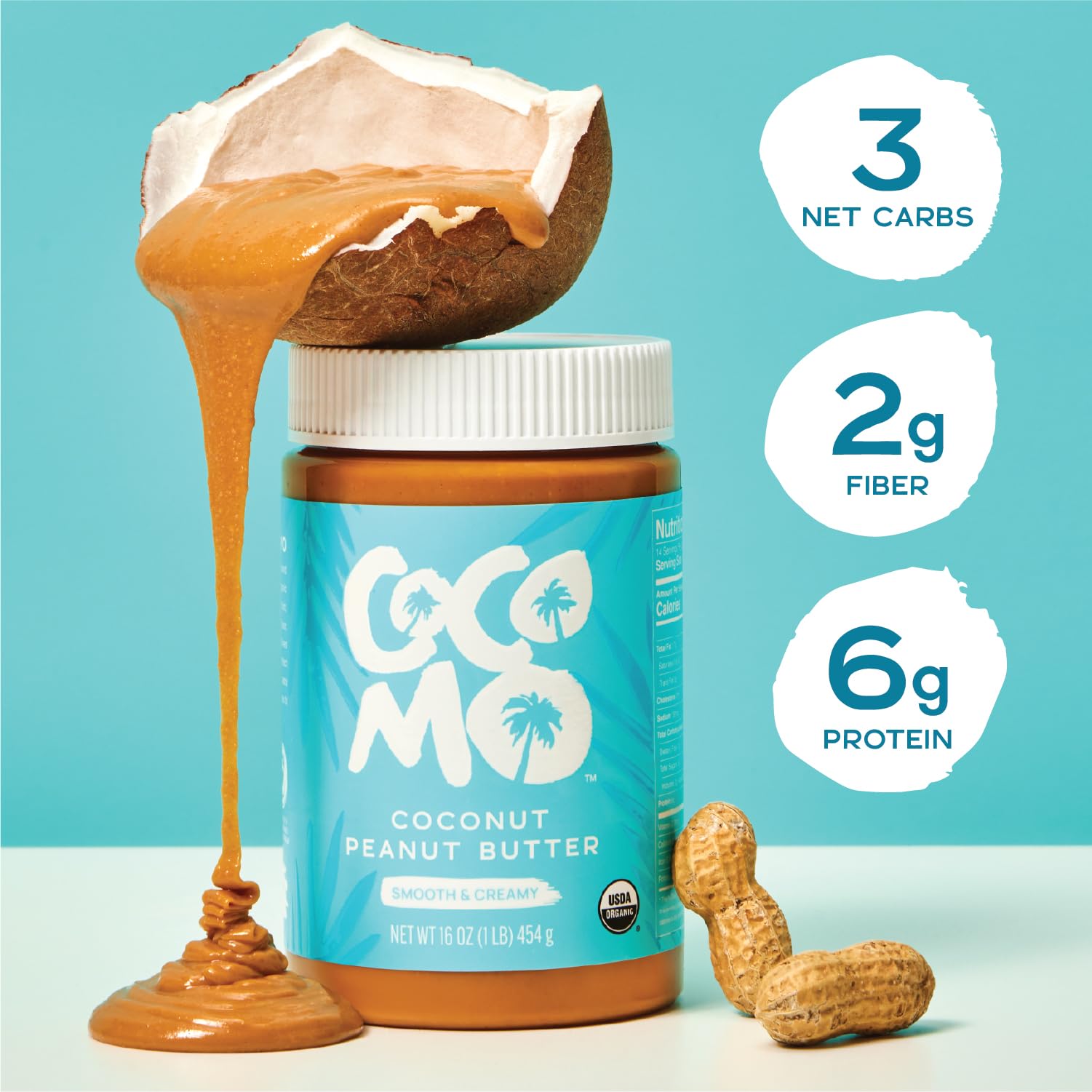 Cocomo Coconut Peanut Butter - 16 oz Jar, Organic Coconut Peanut Butter Spread, 6g Protein Snack, Gluten Free, Vegan Friendly Healthy Snack, Creamy Nut Butter, No Stir