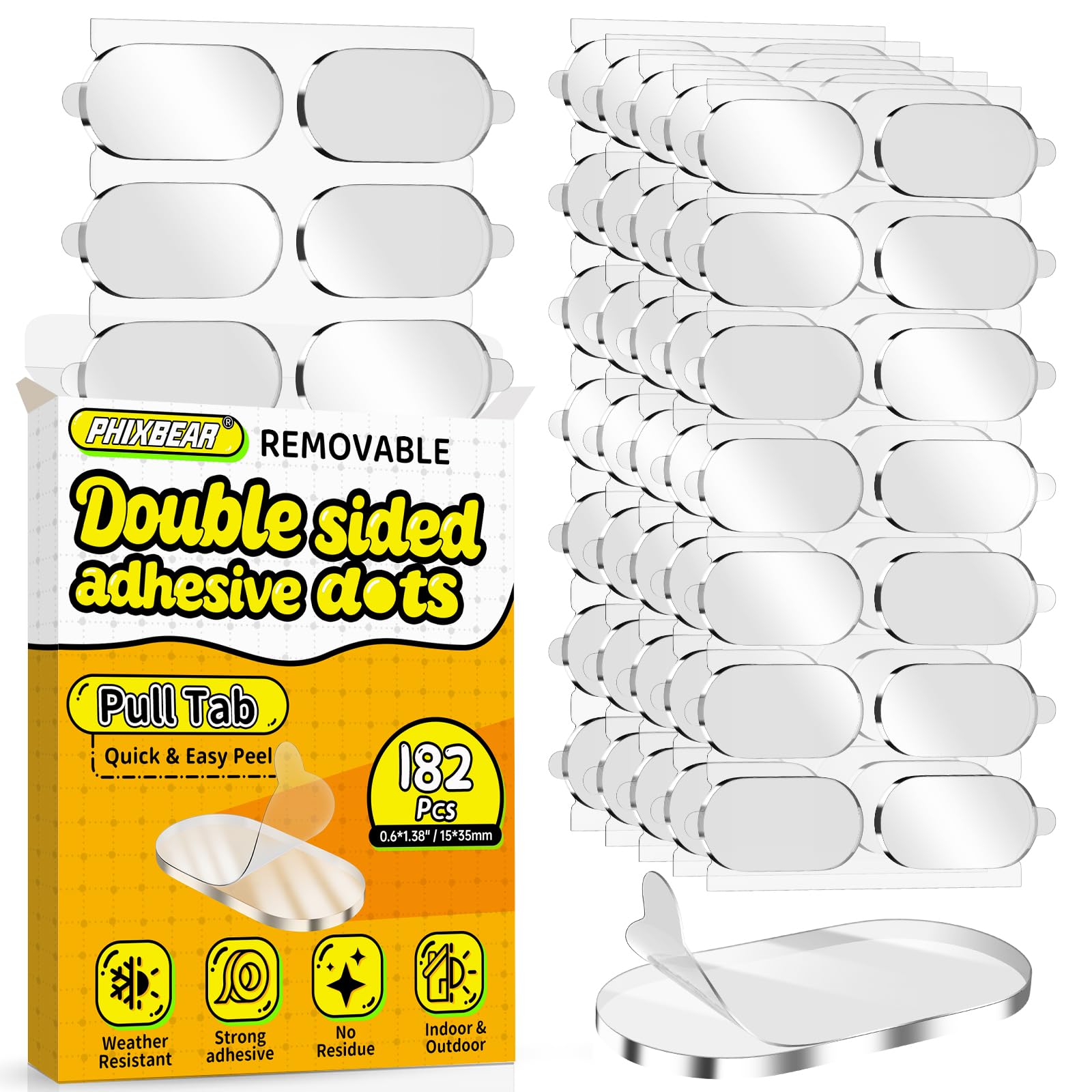 PHIXBEAR Upgraded Mounting Putty with Pull Tab, Removable Museum Tape Sticky Double Sided Adhesive Dots No Trace for Poster, 182 Pcs 0.6" x 1.38"