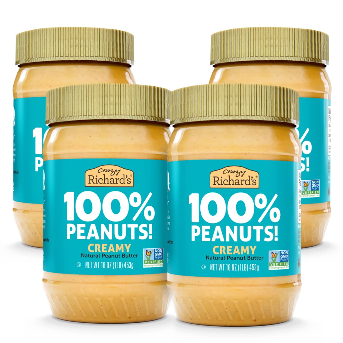 Crazy Richard's 100% All-Natural Creamy Vegan Peanut Butter with No Added Sugar and Non-GMO (16 Ounce, Pack of 4)