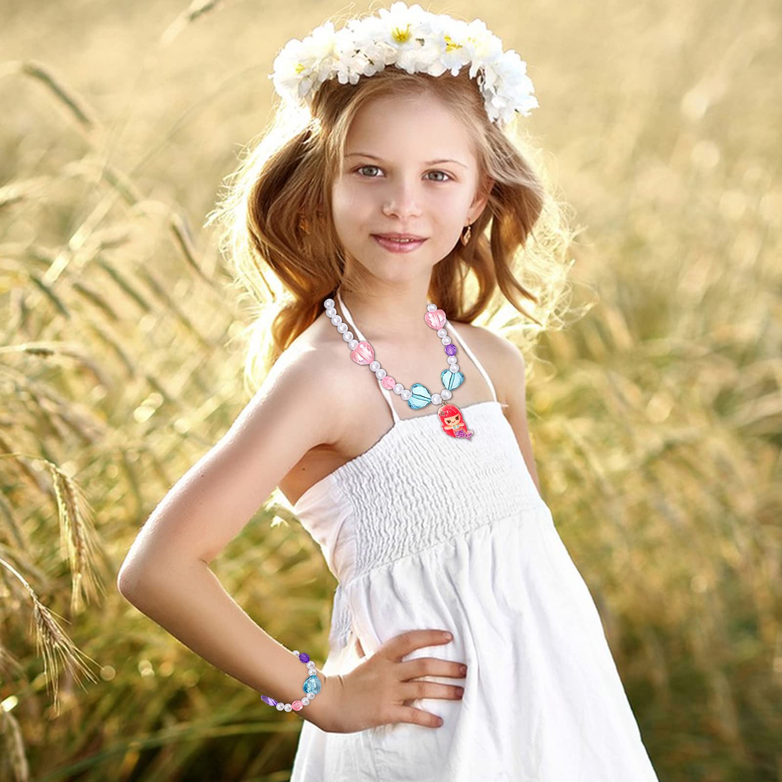 Newmemo Beads Necklace and Bracelet for Kids 6PCS Play Jewelry for Little Girls Princess Unicorn Mermaid Rainbow Pendant for Toddler Christmas Birthday Party Favors Cosplay