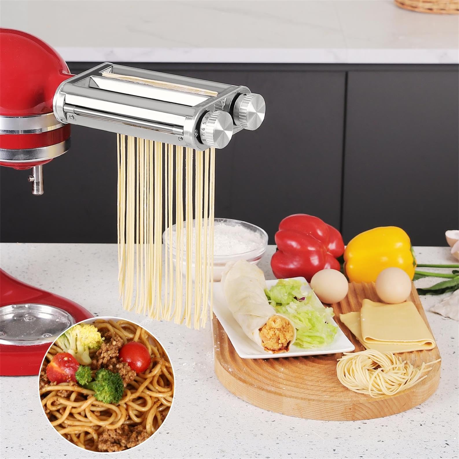 FavorKit Pasta Maker Attachment 3 in 1 Set Compatible for KitchenAid Mixers Plus Hub Knob Screw Accessory Included Pasta Sheet Roller, Spaghetti Cutter, Fettuccine Cutter and Cleaning Brush