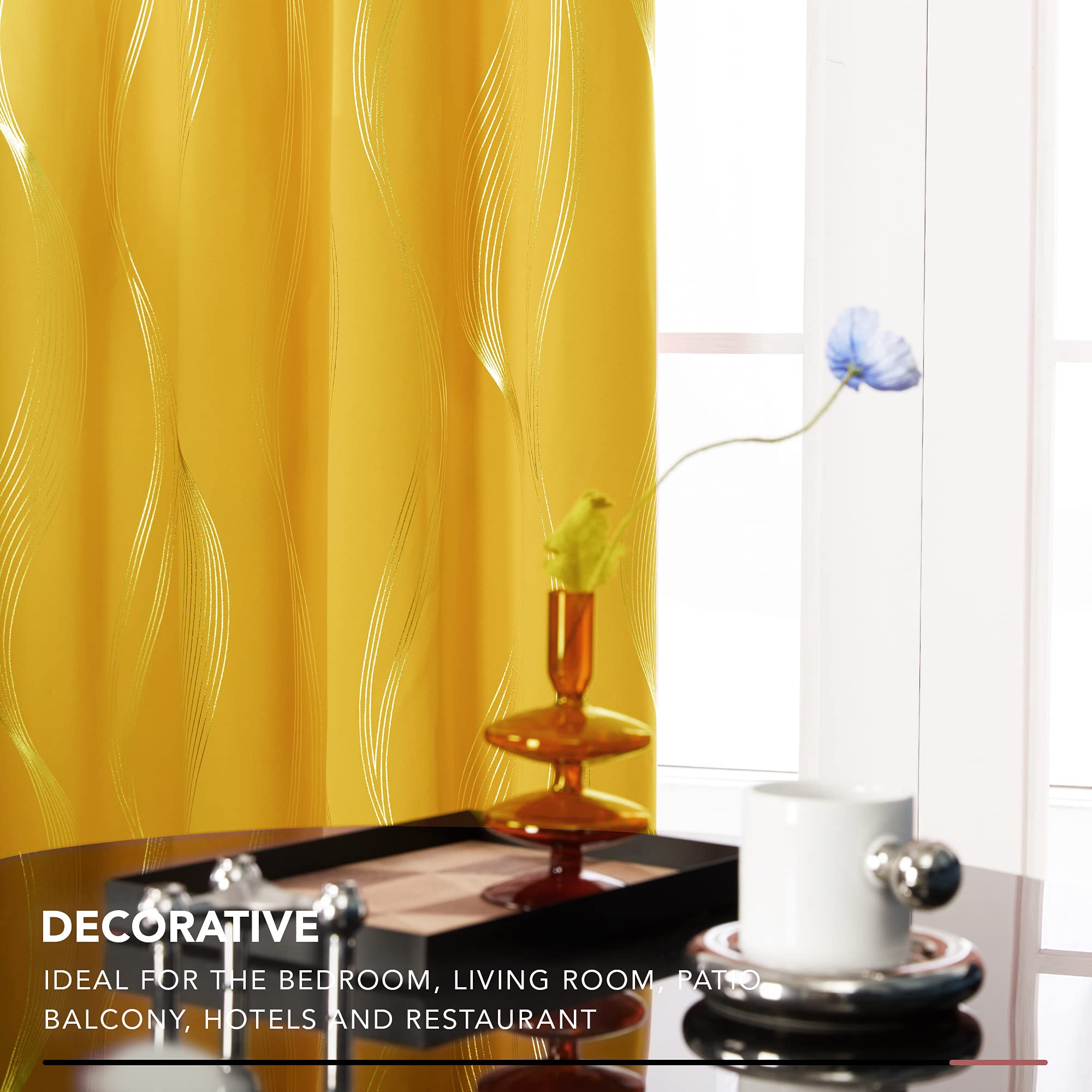 Deconovo Blackout Curtains, Wave Striped Foil Print Room Darkening Curtains, Grommet Curtains for Living Room, 42x90 Inch, Mellow Yellow, 2 Panels