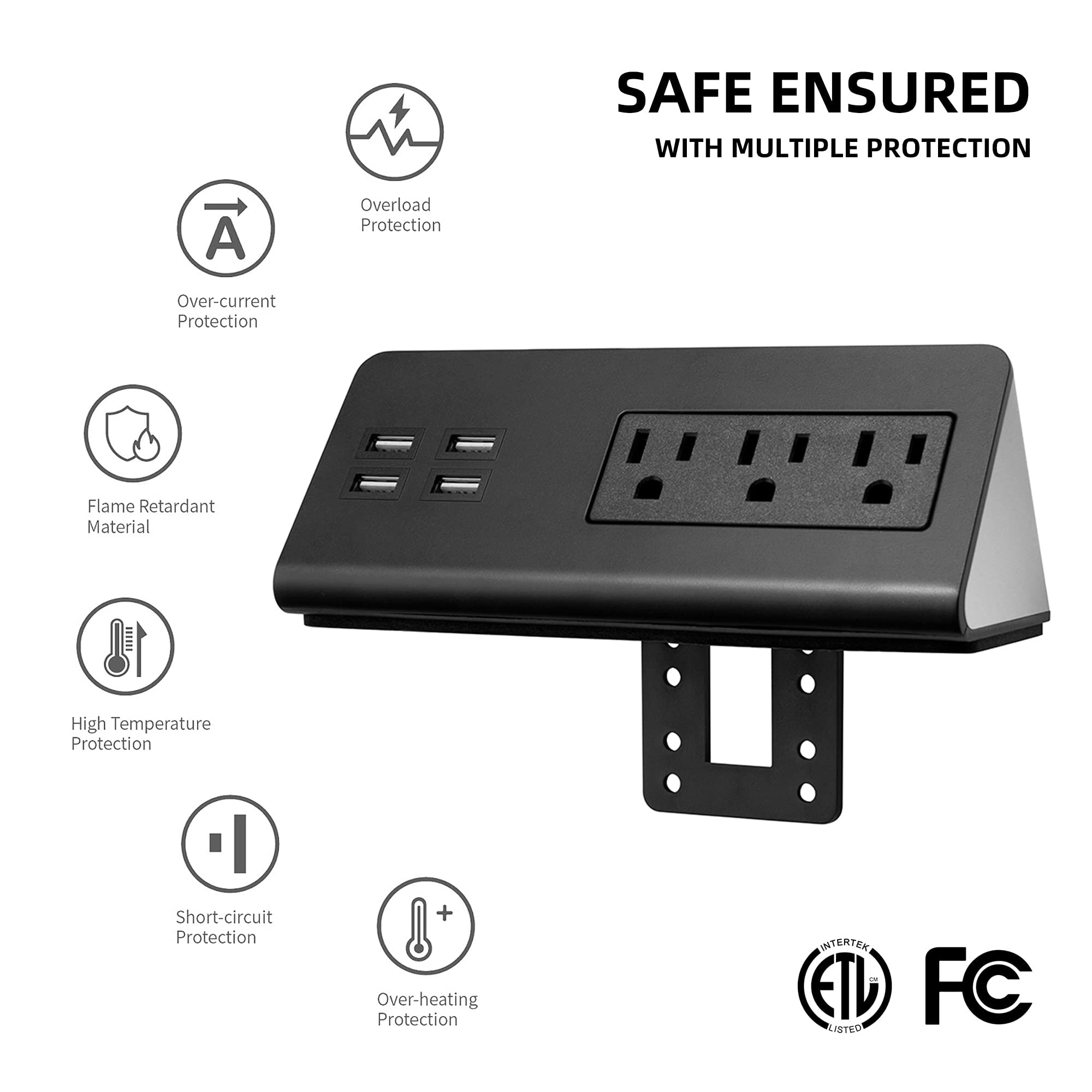 Emerising 2-Pack Desk Edge Mount Power Strips with 4 USB Ports & 3 AC Power Outlets for Home and Office Desktop Charging Bucket, 1250Joules Surge Protection,Black